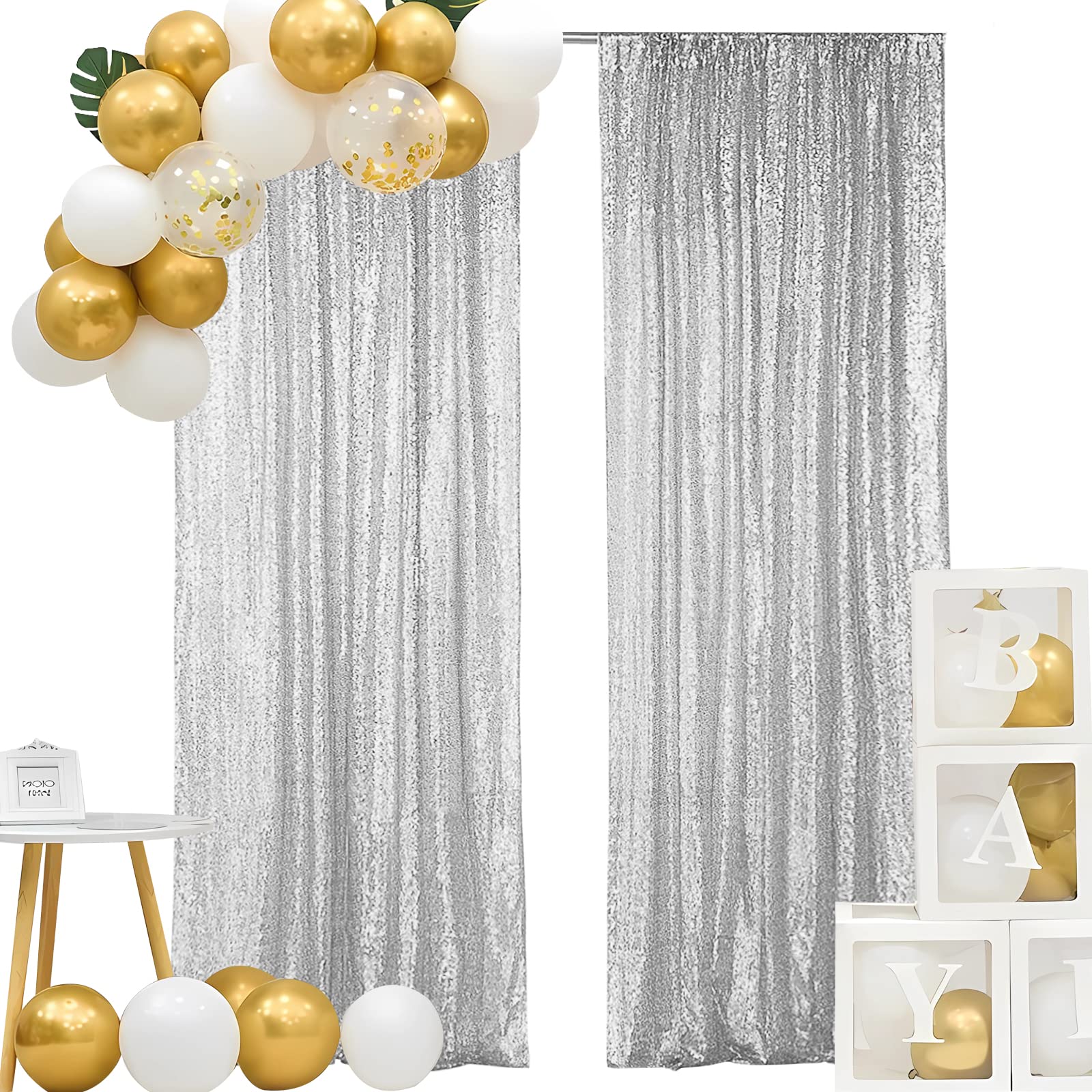 Hahuho Silver Sequin Backdrop Curtain, 4Pcs 2Ftx8Ft Glitter Backdrop Curtain For Parties, Christmas, Wedding, Party Decoration(4
