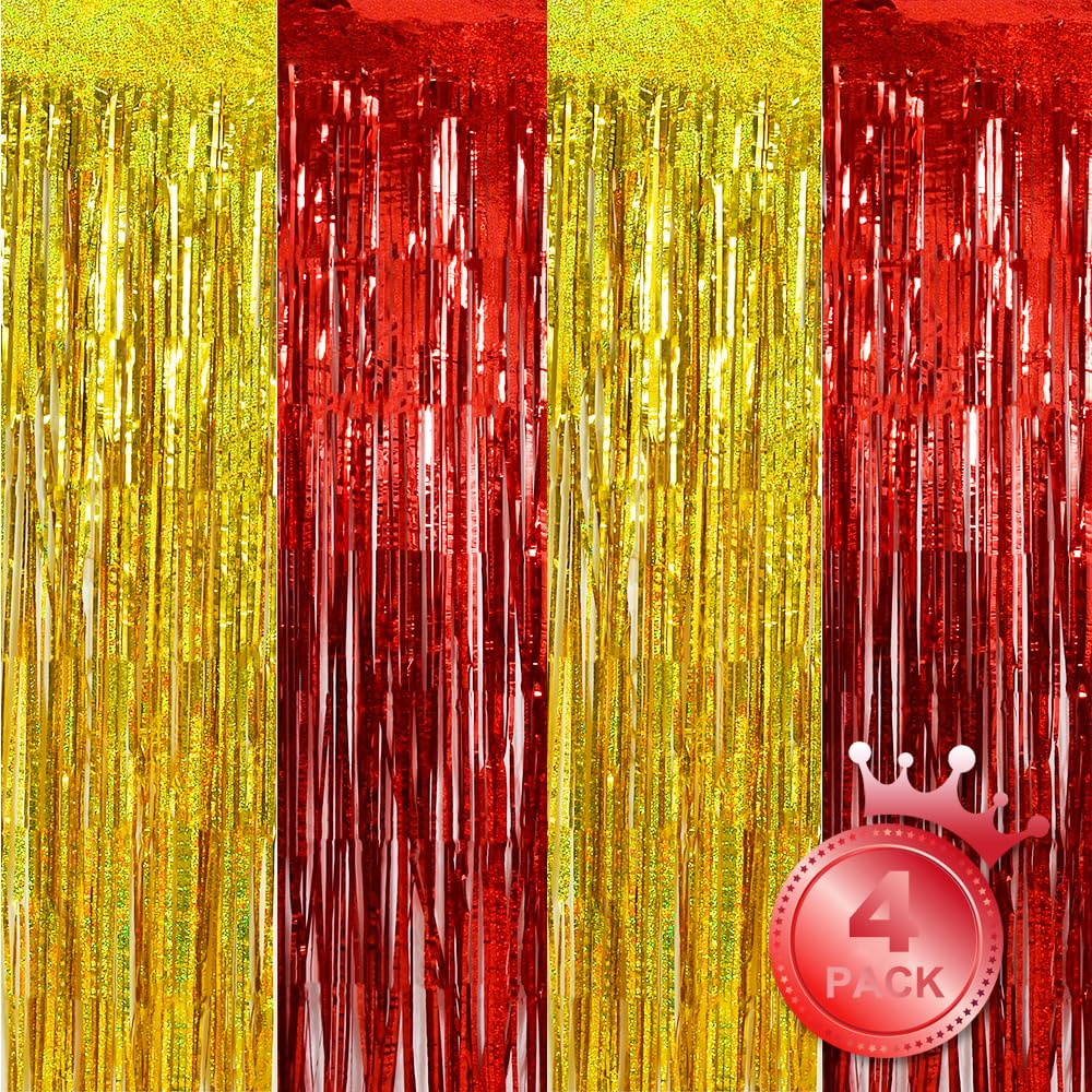 Beishida 4 Pcs Red And Gold Party Streamers Fringe Foil Curtain Backdrop Tinsel Background Party Decoration For Door Wall Gradua