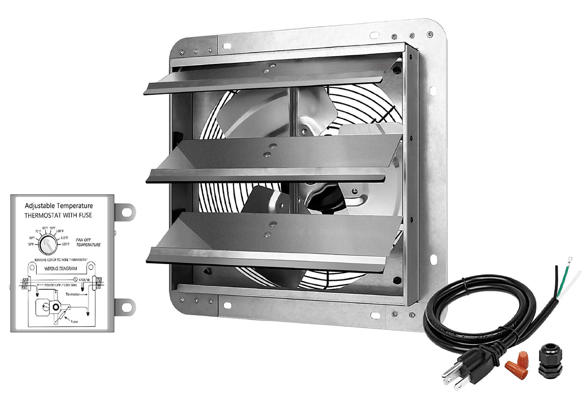 Ipower 12 Inch Wall Mounted Shutter Exhaust Fan With Temperature Controller And Power Cord Kit, Aluminum, 1600 Rpm, 940 Cfm, For