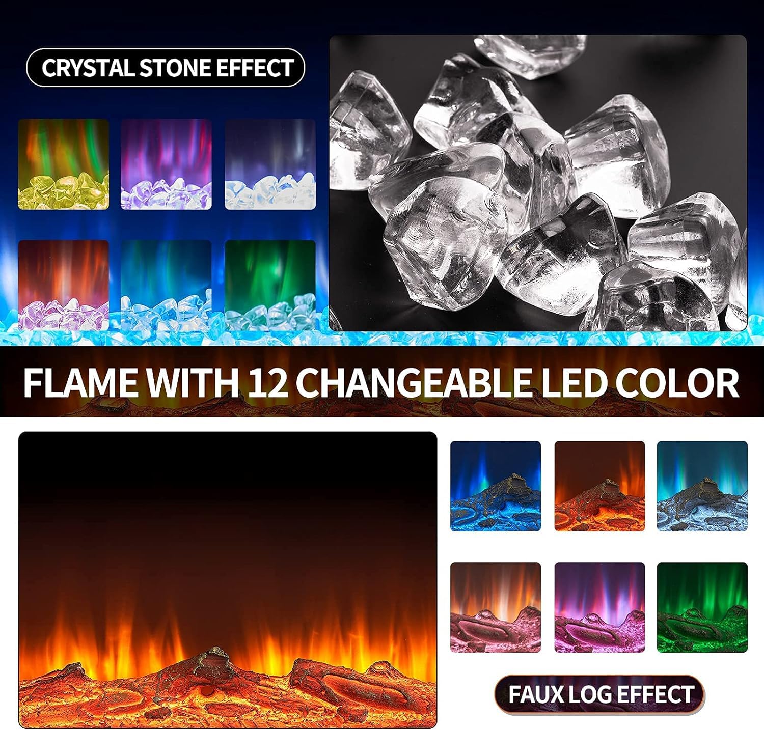 Oneinmil Electric Fireplace, 50 Inch Wide Recessed/Wall Mounted Electric Fireplace, Remote Control With Timer 12 Adjustable Colo