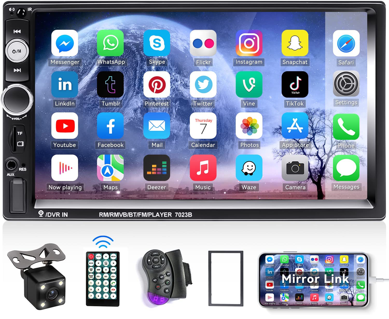 Camecho 7' Double Din Car Stereo Audio Bluetooth Mp5 Player Usb Fm Multimedia Radio+ 4 Led Mini Backup Camera With Steering Wheel Remote Support Mobile Phone Synchronization (Used In Android/Ios)