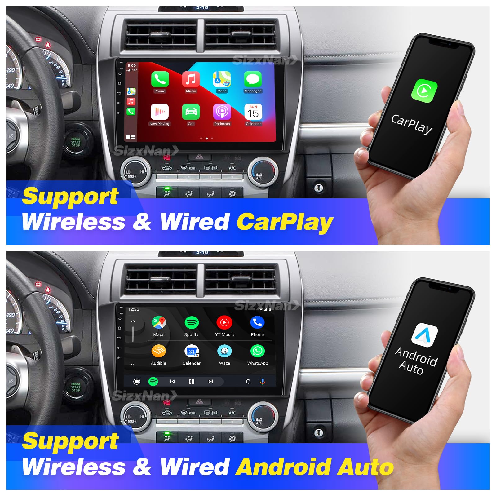 Sizxnanv For Camry Android Radio Touch Screen Compatible With Carplay Android Auto,Car Stereo Bluetooth Navigation Media Player