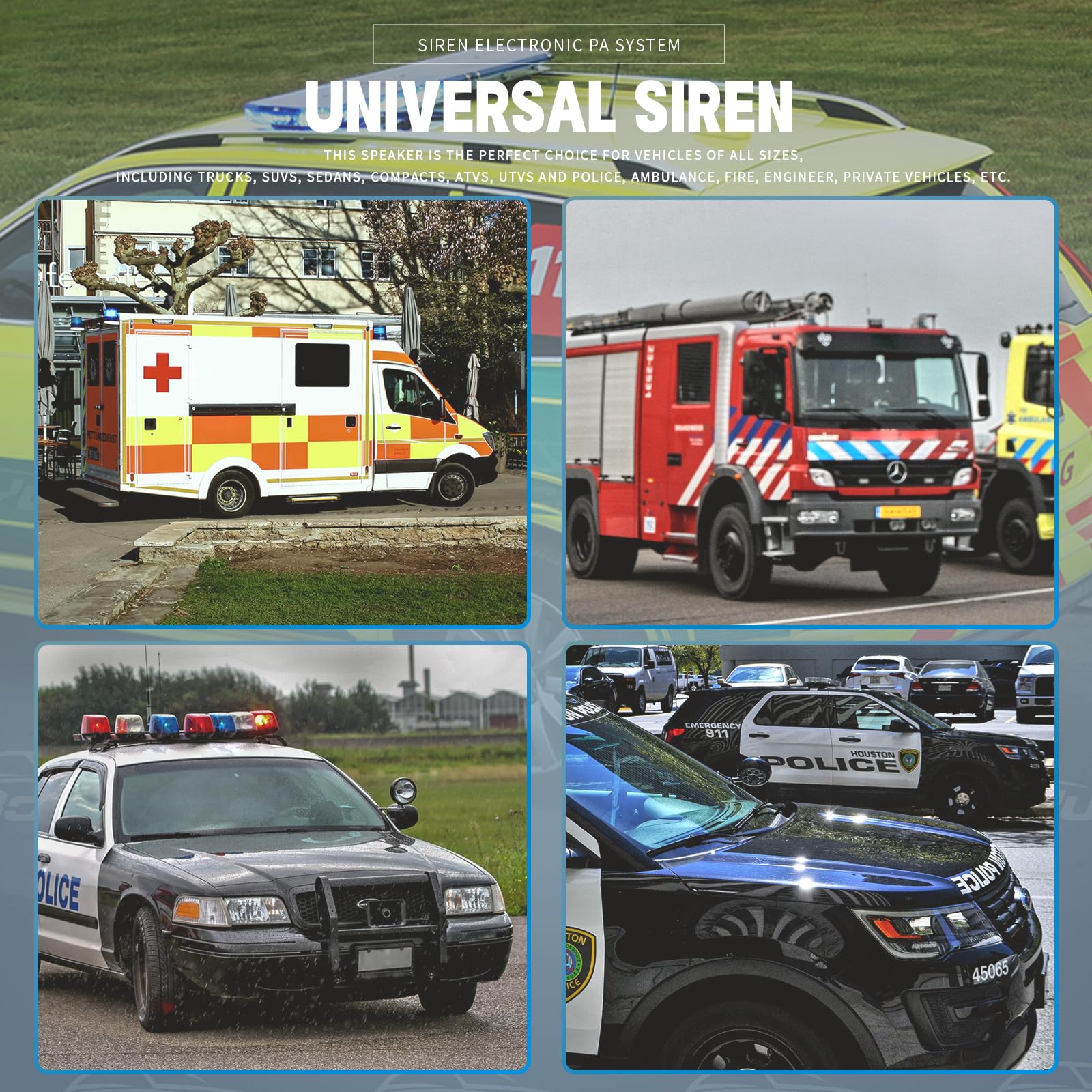 Booyu 9 Tone 12V 200W Warning Emergency Police Siren Pa System [180 Loud Speaker][Handheld Microphone][Hands Free][125 135Db][2