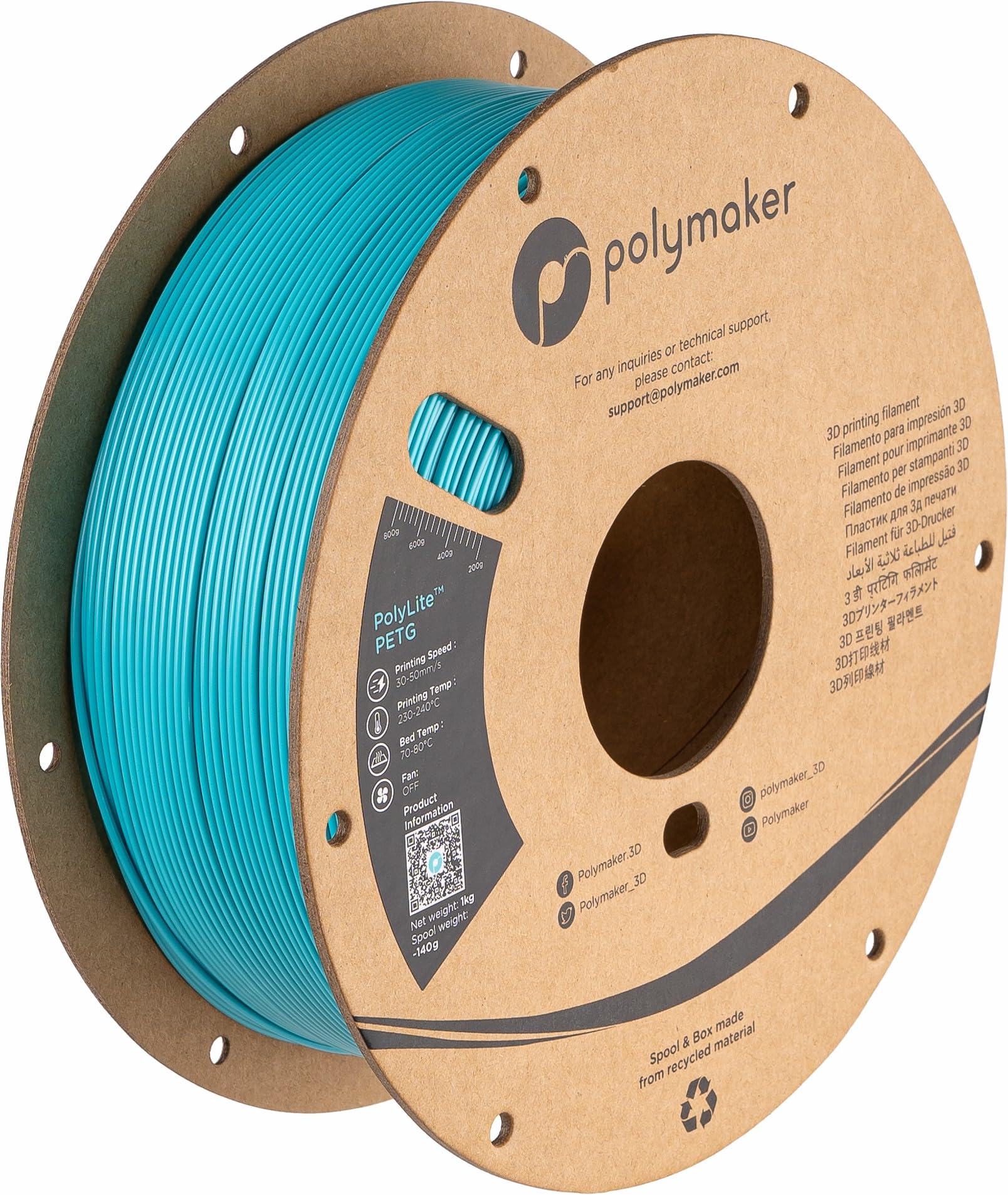 Polymaker PETG Filament 1.75mm 1kg Teal 3D Printer Filament, PolyLite PETG 3D Printing Filament 1.75mm, Dimensional Accuracy +/-