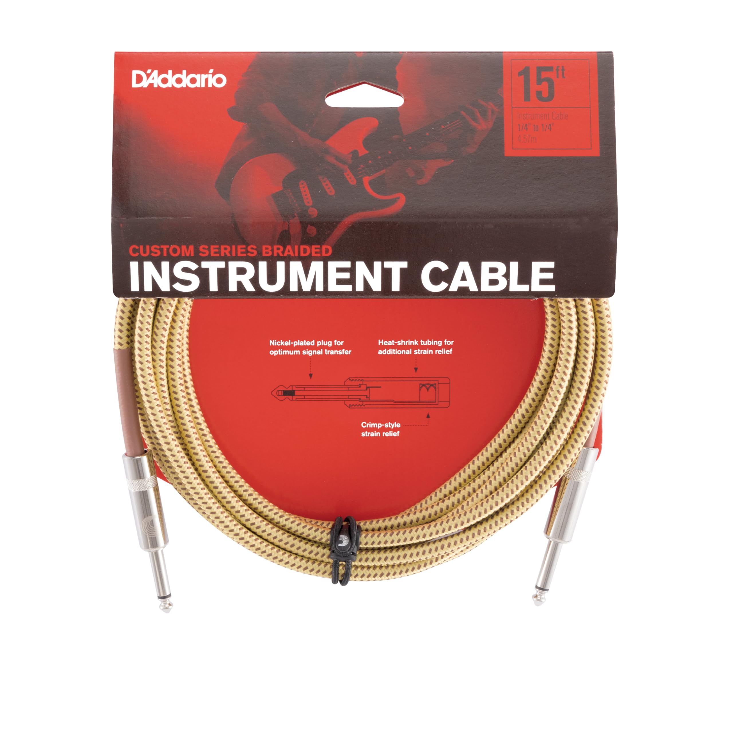 D'Addario Accessories Guitar Cable   Guitar Lead   Instrument Cable   Guitar Accessories   Custom Series Braided Cable   15 Feet