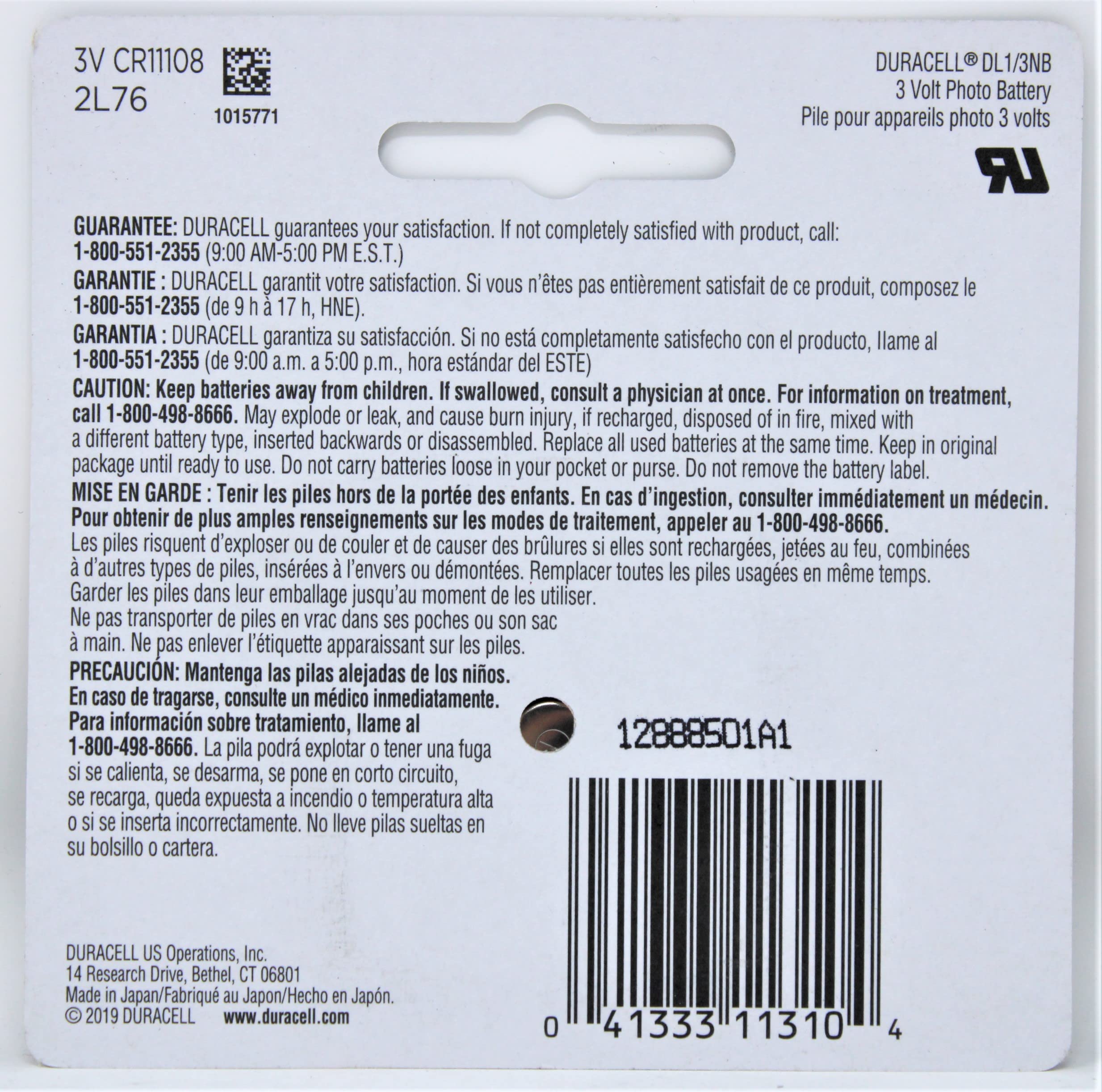 Duracell Photo Battery 3 V Model No. 1/3N Carded (Pack Of 4)