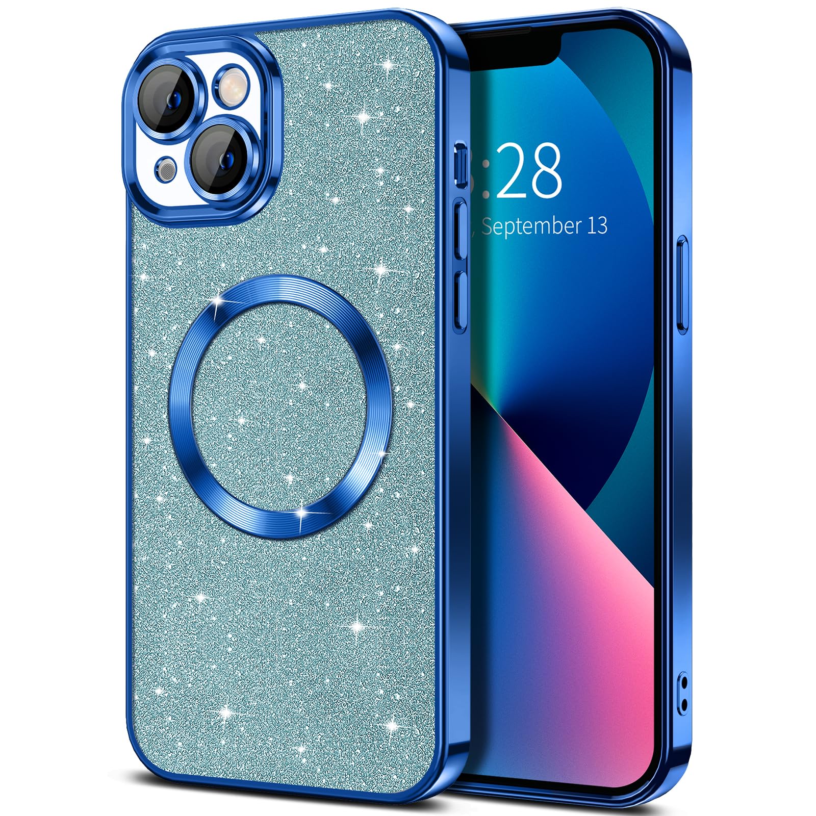 Hython For Iphone 13 Case Glitter, Clear Magnetic Phone Case With Camera Lens Protector [Compatible With Magsafe] Bling Sparkle