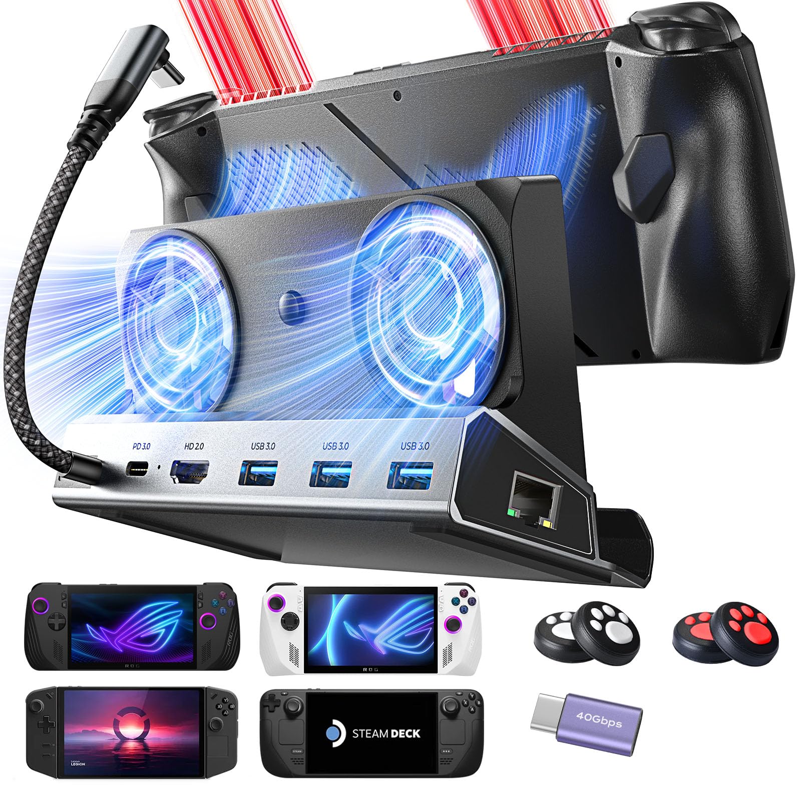 Lisen Docking Station For Asus Rog Ally X & Steam Deck & Lenovo Legion Go, Dual Cooling Fan [Zero Distraction] Rog Ally Dock Sta