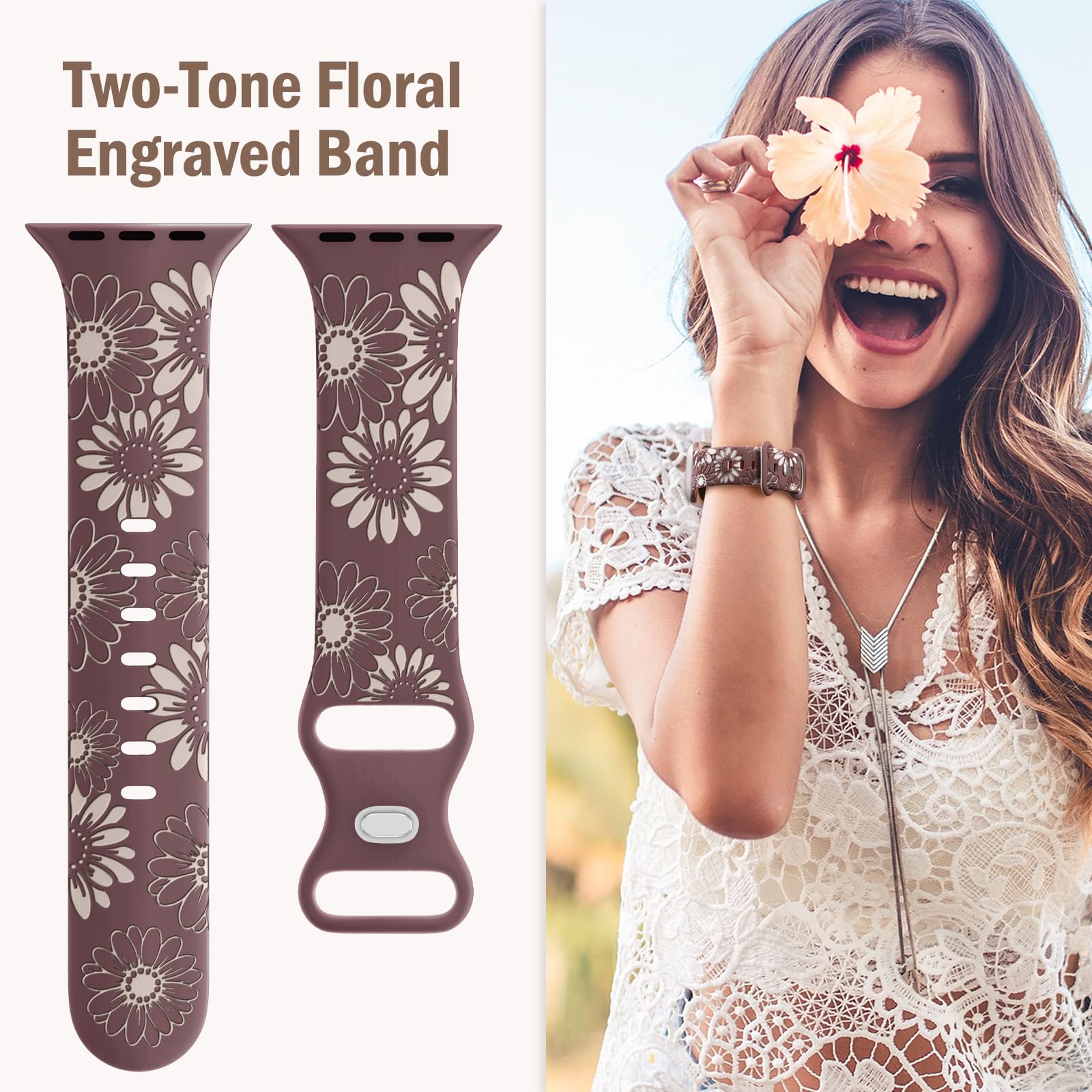 Daqin Floral Engraved Band Compatible With Apple Watch Band 44Mm 45Mm 46Mm 42Mm 49Mm Women, Two Tone Flower Silicone Sport Strap