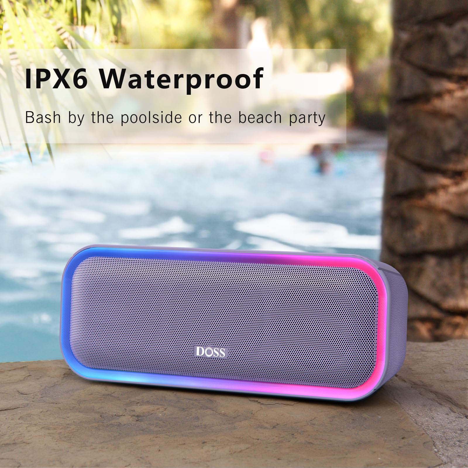 Doss Soundbox Pro+ Bluetooth Wireless Pairing Speaker With 24W Stereo Sound, Punchy Bass, Ipx6 Waterproof, 15Hrs Playtime, Multi Colors Lights, For Home, Outdoor Purple