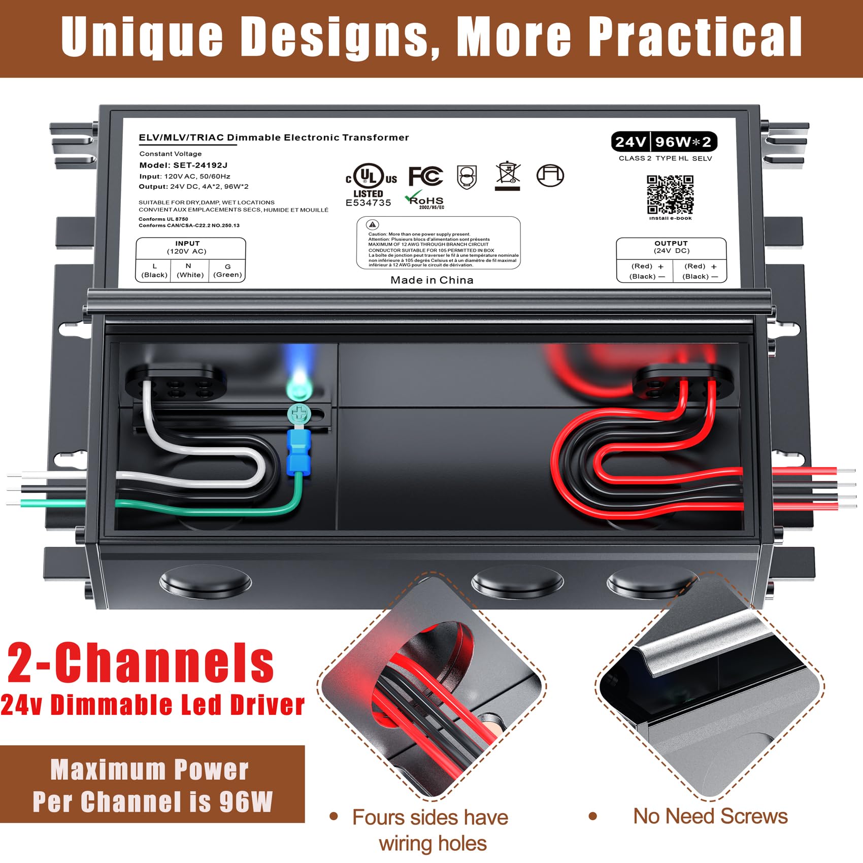 24V Dimmable Led Driver, 192W Triac Elv/Mlv Led Transformer Compatible With Lutron&Leviton Switches, Dimmable Led Power Supply 1