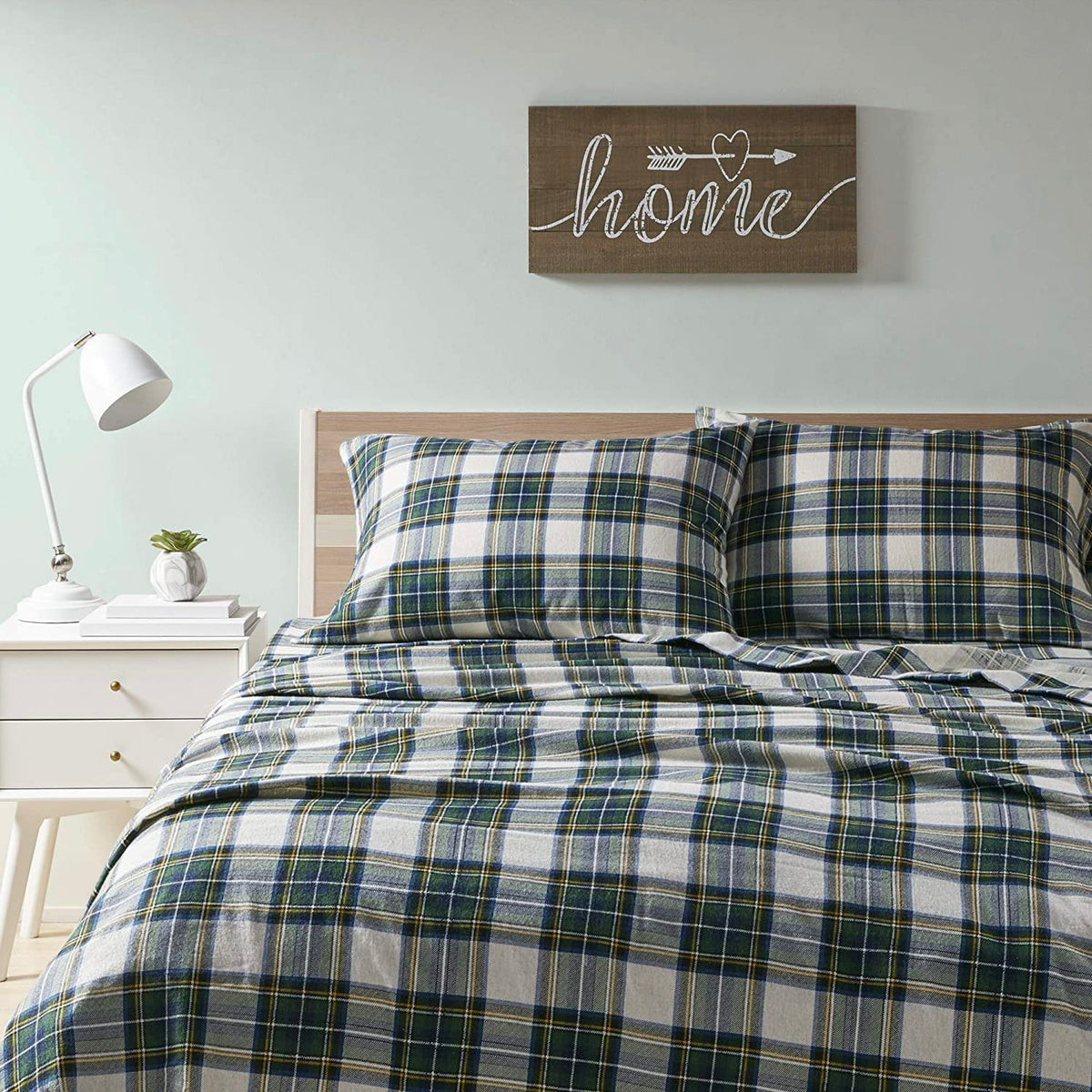 Comfort Spaces Cotton Flannel Breathable Warm Deep Pocket Sheets With Pillow Case Bedding, Full, Scottish Plaid Green, 4 Piece