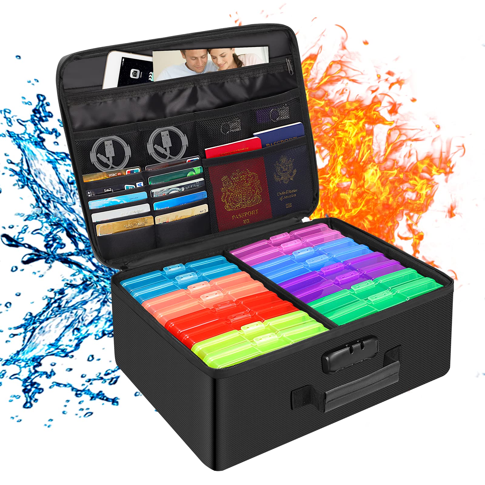 Docsafe Photo Storage Box With Lock,Fireproof Photo Organizer Box With 16 Inner 4'' X 6'' Photo Case(Multi Colored),Collapsible