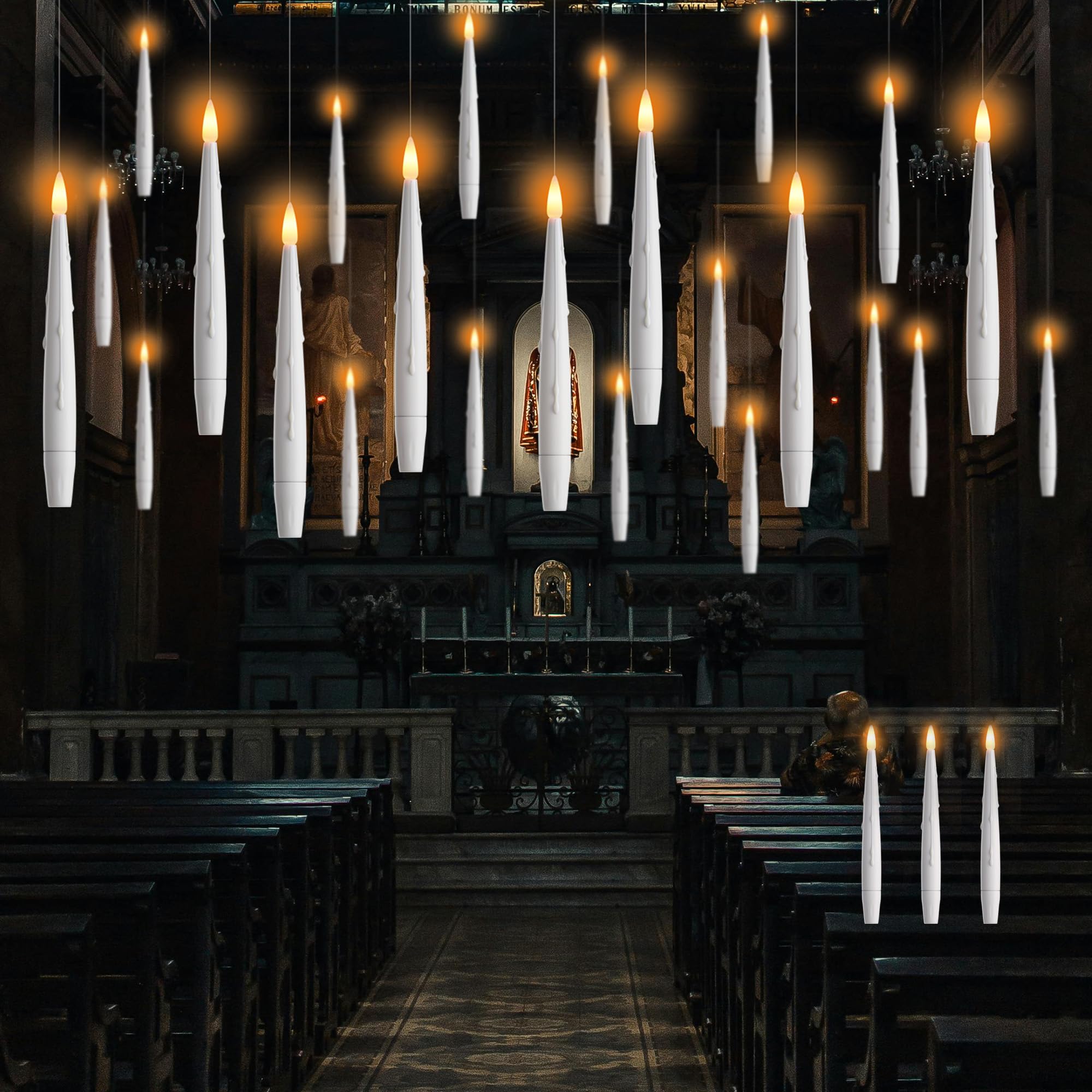 Afineth Floating Candles With Wand, Magic Hanging Candles 20 Pack, Flickering Flameless Floating Led Candles, White Battery Oper