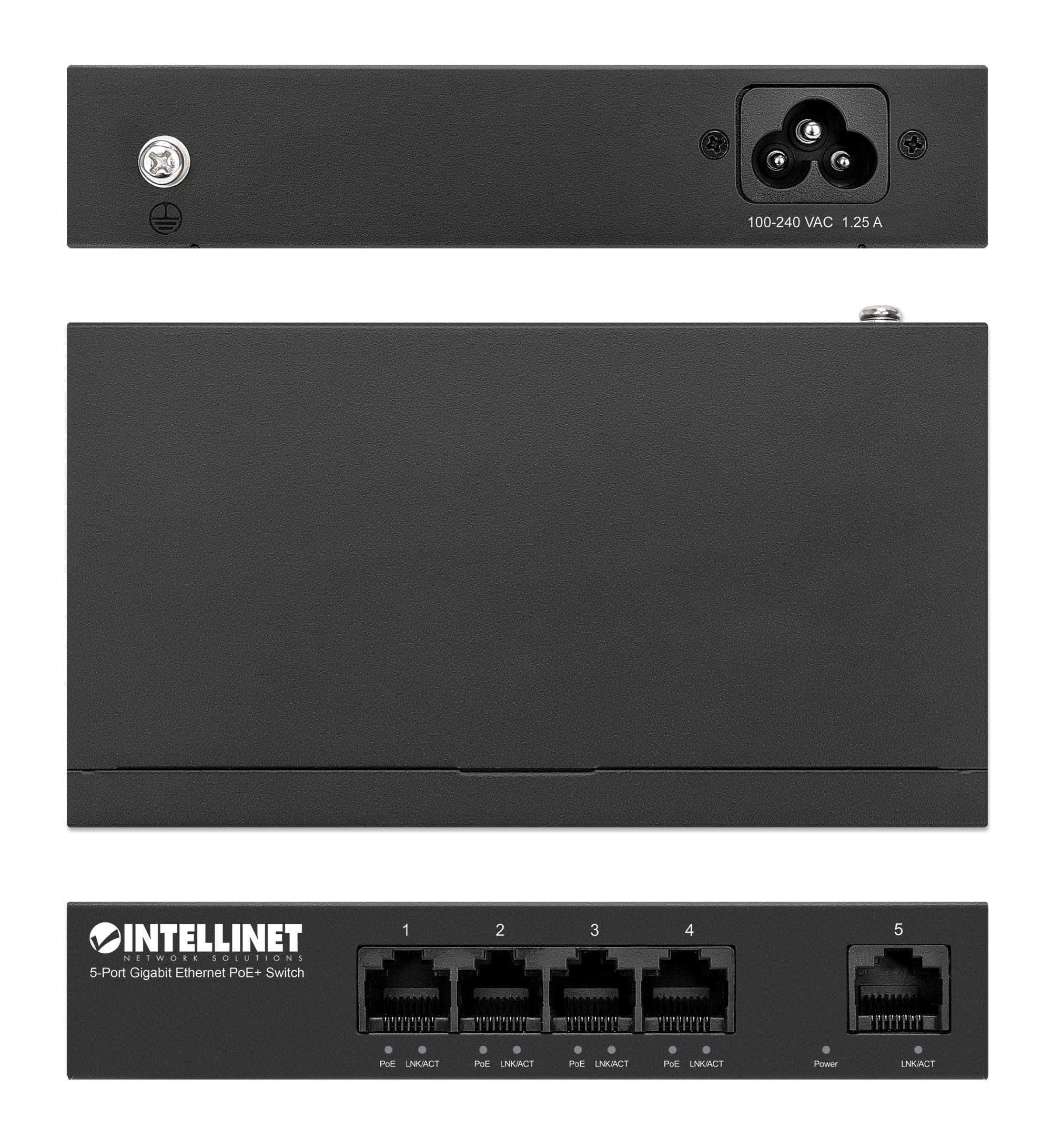 Intellinet 5 Port Gigabit Ethernet Poe+ Switch   4 Poe+ Ports @40W Budget, Power Output Up To 30W Per Port   10Gbps Switching Ca