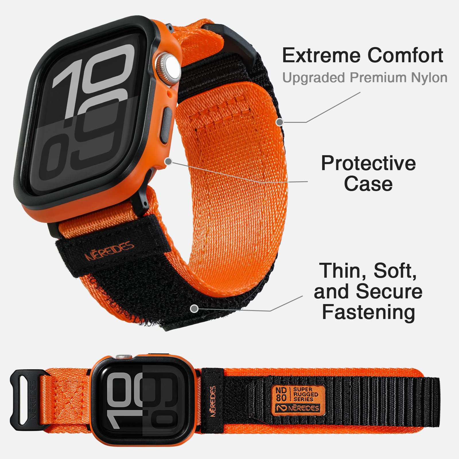 Rugged Case With Band For Apple Watch Series 10 Band 46Mm, Hook And Loop Nylon Sport Strap With Case For Iwatch Men(Orange)