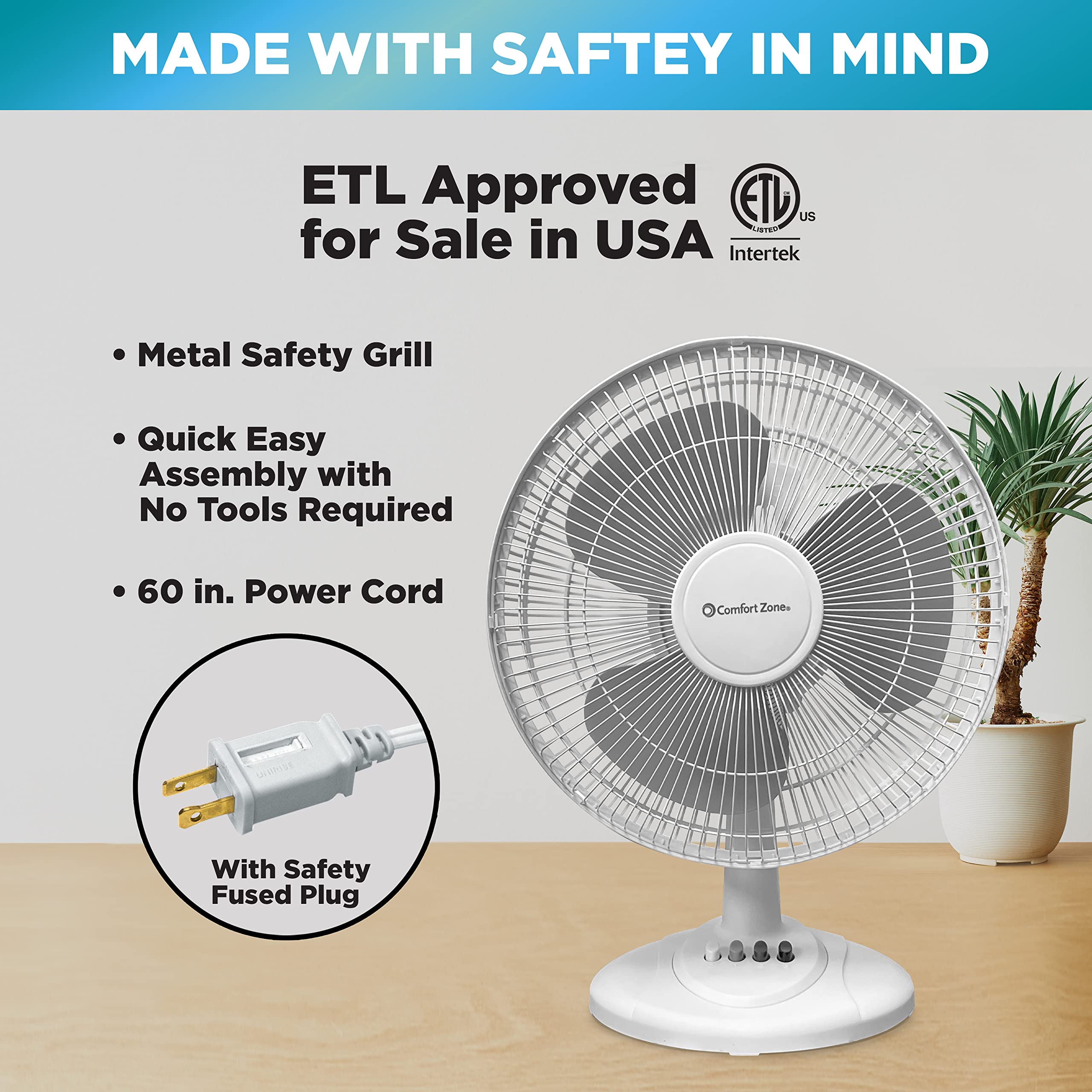 Comfort Zone Cz121Wt 12    3 Speed Oscillating Table Fan With Adjustable Tilt, Convenient Push Button Controls, Quiet Operation,
