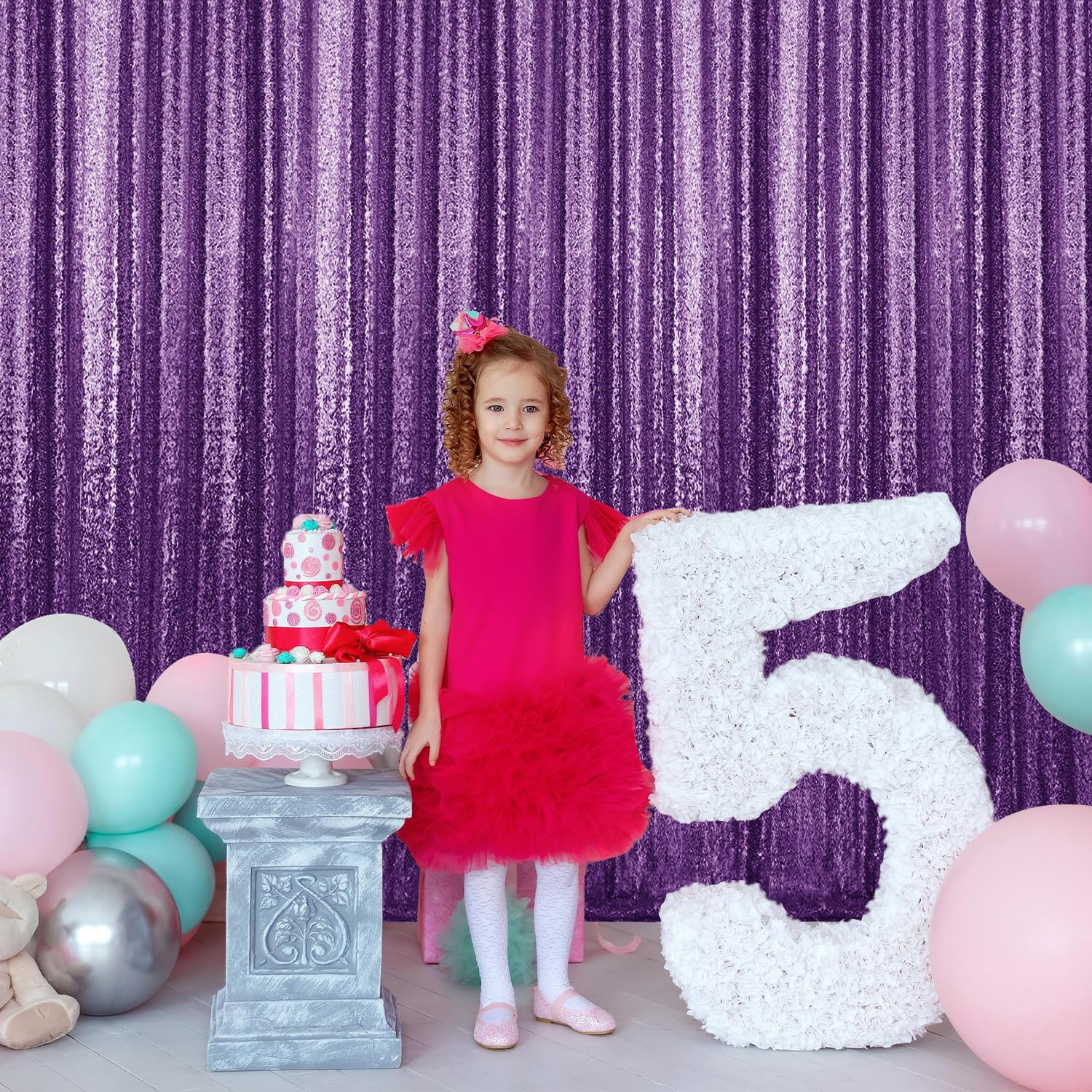 2  8Ft 2Pcs Purple Sequin Backdrop Curtains Panels, Photography Backdrop Glitter Curtains Fabric Background For Christmas Weddin