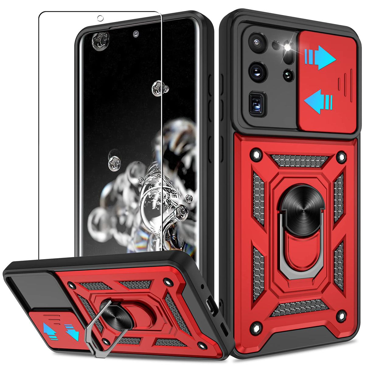 Atump For Samsung Galaxy S20 Ultra Case With Hd Screen Protector, Heavy Duty With 360    Rotation Metal Kickstand [Military Grad