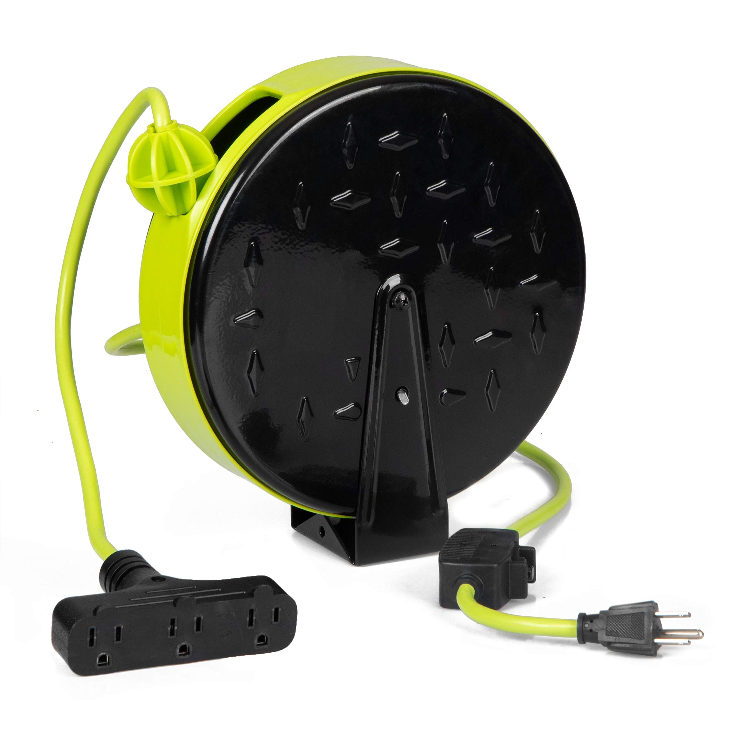 Iron Forge Cable 30Ft Green Retractable Extension Cord Reel With Breaker Switch & 3 Grounded Electrical Power Outlets - 16/3 Sjt