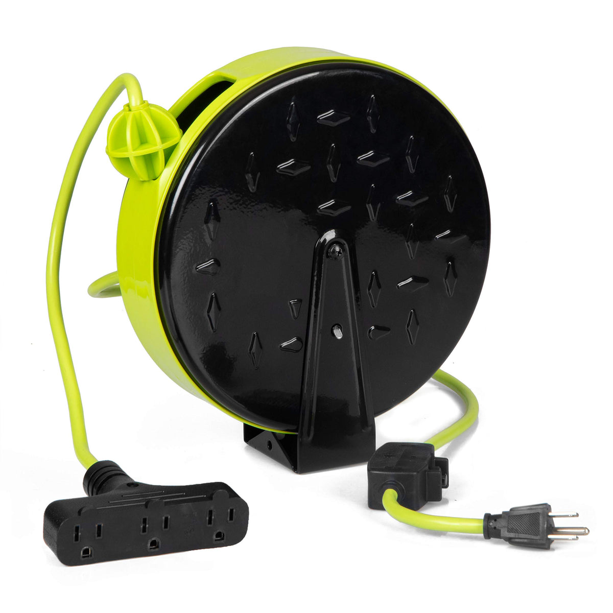 Iron Forge Cable 30Ft Green Retractable Extension Cord Reel With Breaker Switch & 3 Grounded Electrical Power Outlets - 16/3 Sjt