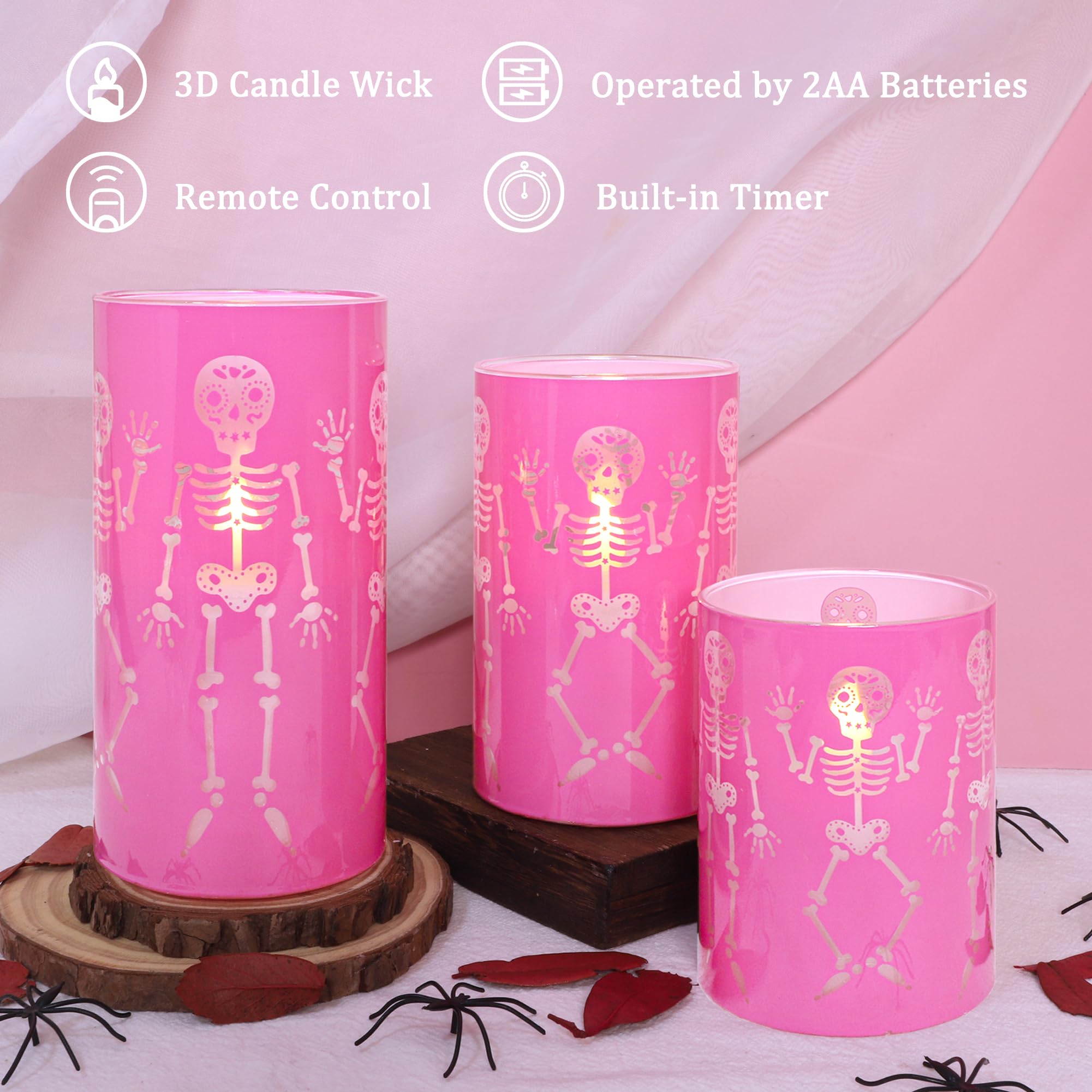 Flavcharm Glass Flameless Candles Halloween Gothic Decor Battery Operated Electric Flickering Candles With Remote Control Pink F