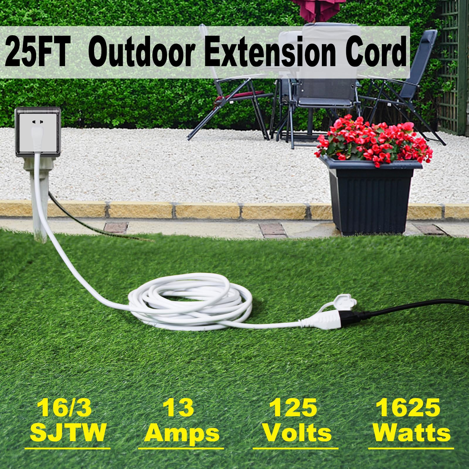 25Ft 16Gauge White Outdoor Extension Cord   90Degree Flat Plug Outdoor 3 Prong Extension Cord, Single Sjtw Extension Cord,125V 1