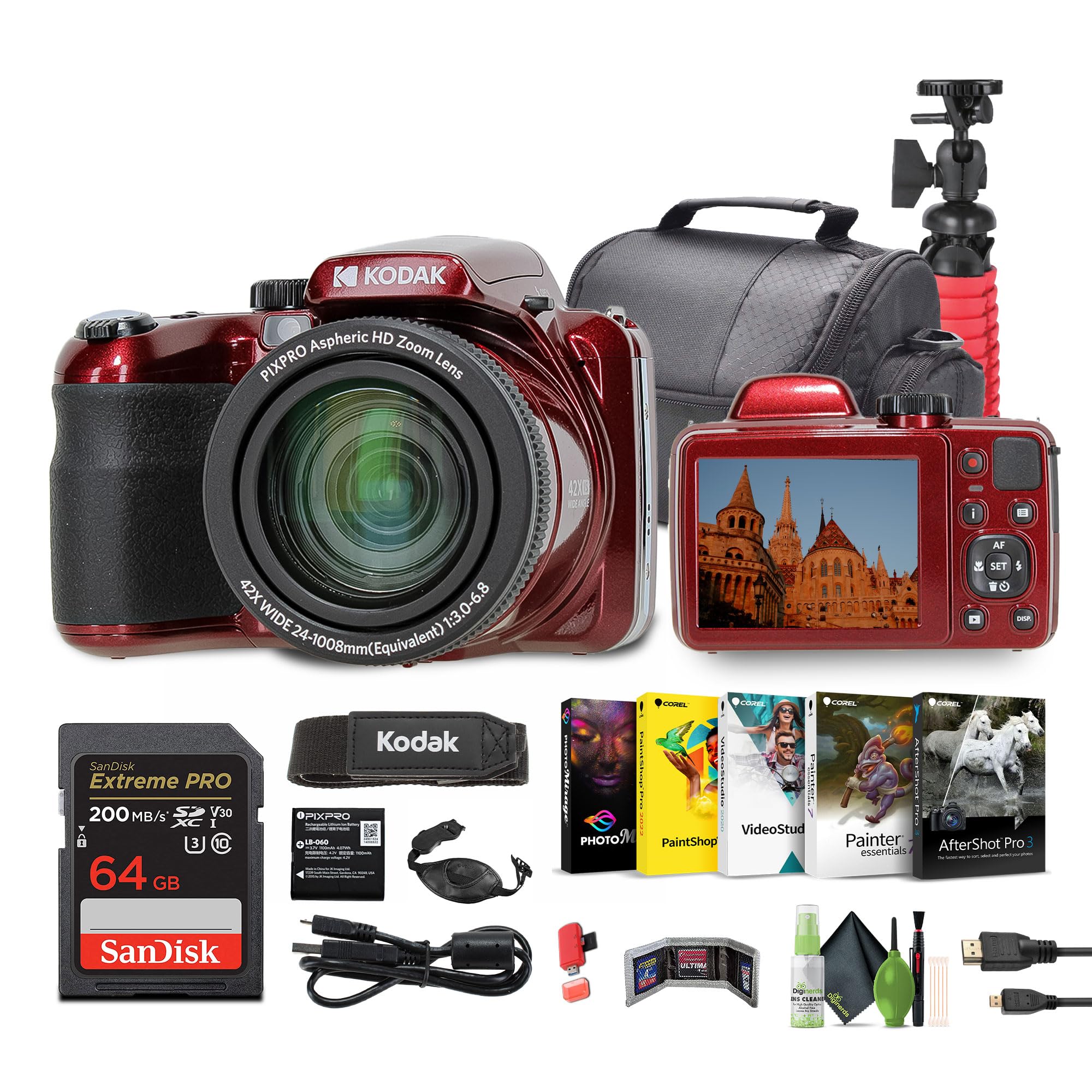 Kodak PIXPRO AZ425 20MP Vlogging Digital Camera (Red) 42X Optical Zoom, 24mm Wide Angle Lens Bundle with 64GB Memory Card + Vlog