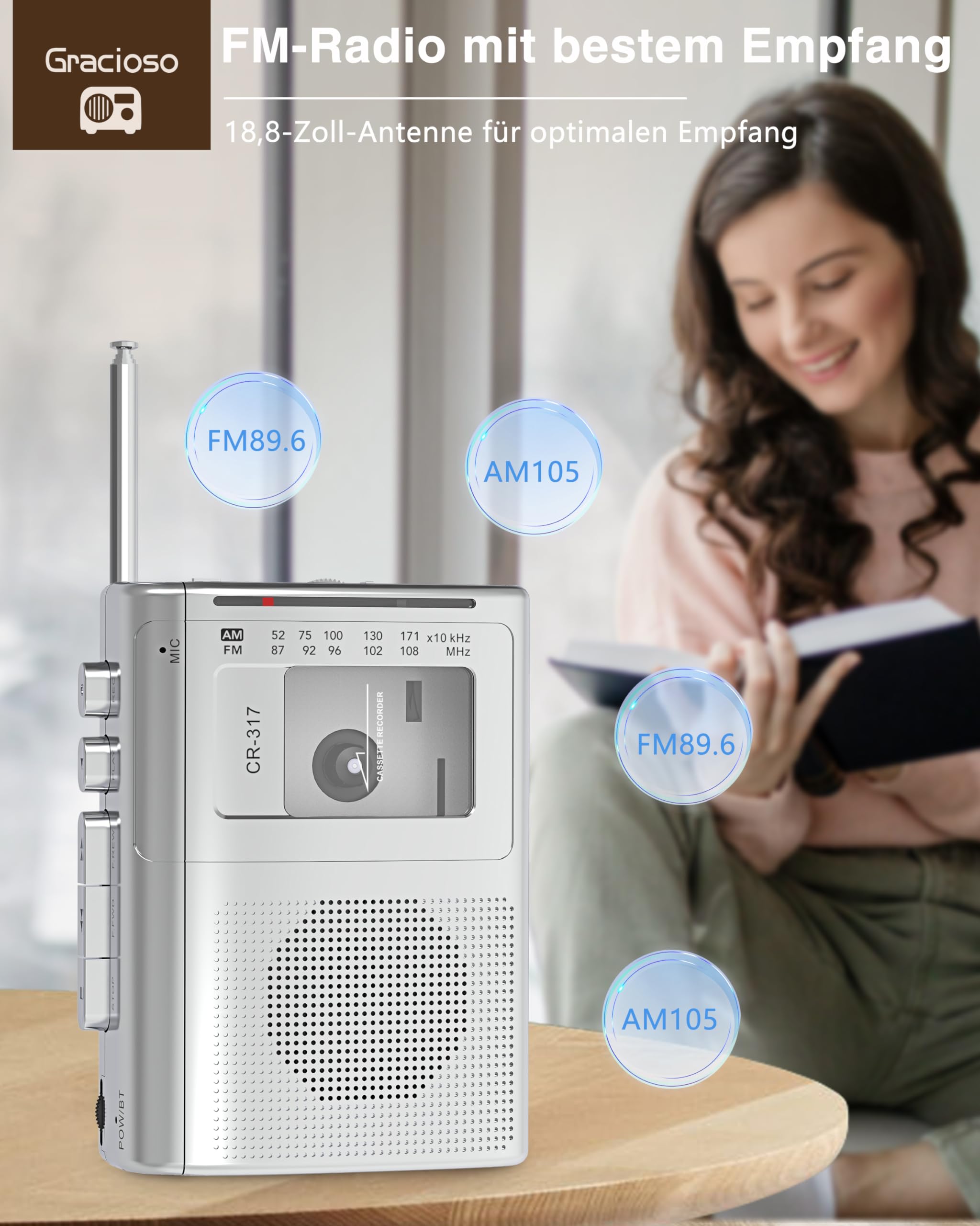 Gracioso Portable Cassette Player Recorder With Bluetooth Transmitter, Am Fm Walkman Cassette Player With Headphone Jack & Big S