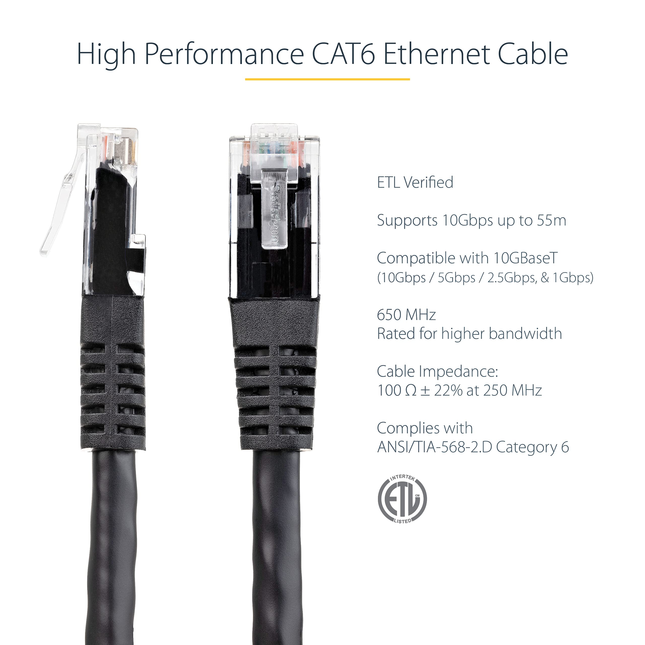 Startech.Com 1Ft Cat6 Ethernet Cable   Black Cat 6 Gigabit Ethernet Wire  650Mhz 100W Poe++ Rj45 Utp Molded Category 6 Network/P