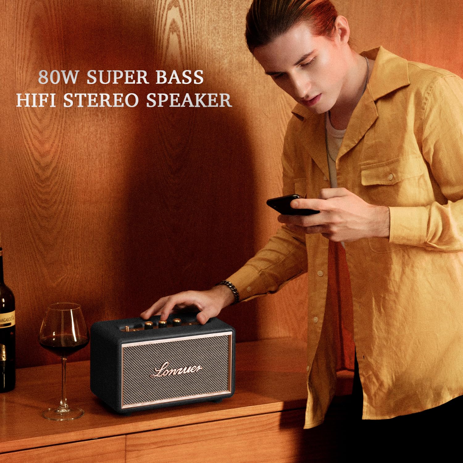 Lonzuer Retro Wooden Portable Wireless 10000Mah Battery Loud Bass Subwoofer Tws Bluetooth Speaker With Aux Input, Sd Card Slot,