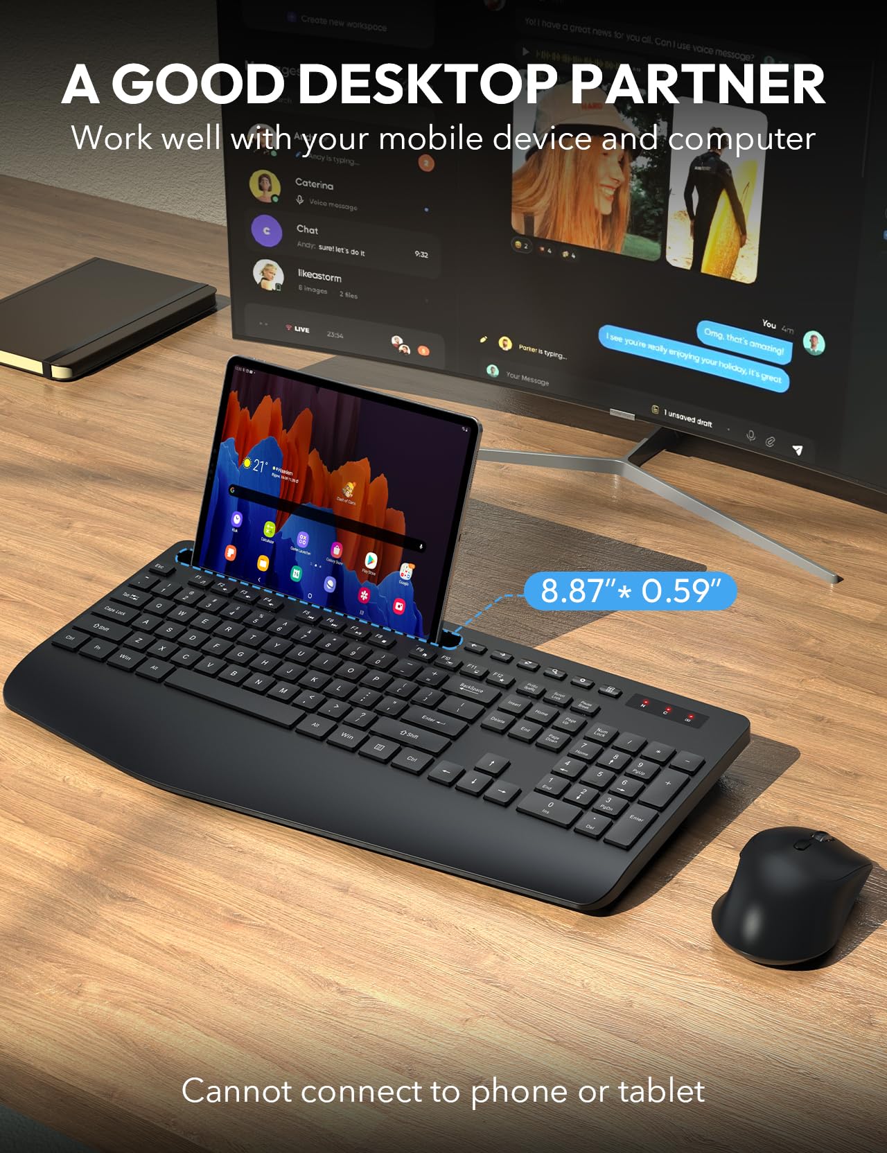 Wireless Keyboard And Mouse, Wrist Rest, Phone Holder, Batteries Included, 2.4G Lag Free Ergonomic Keyboards Mouse Combo, Silent