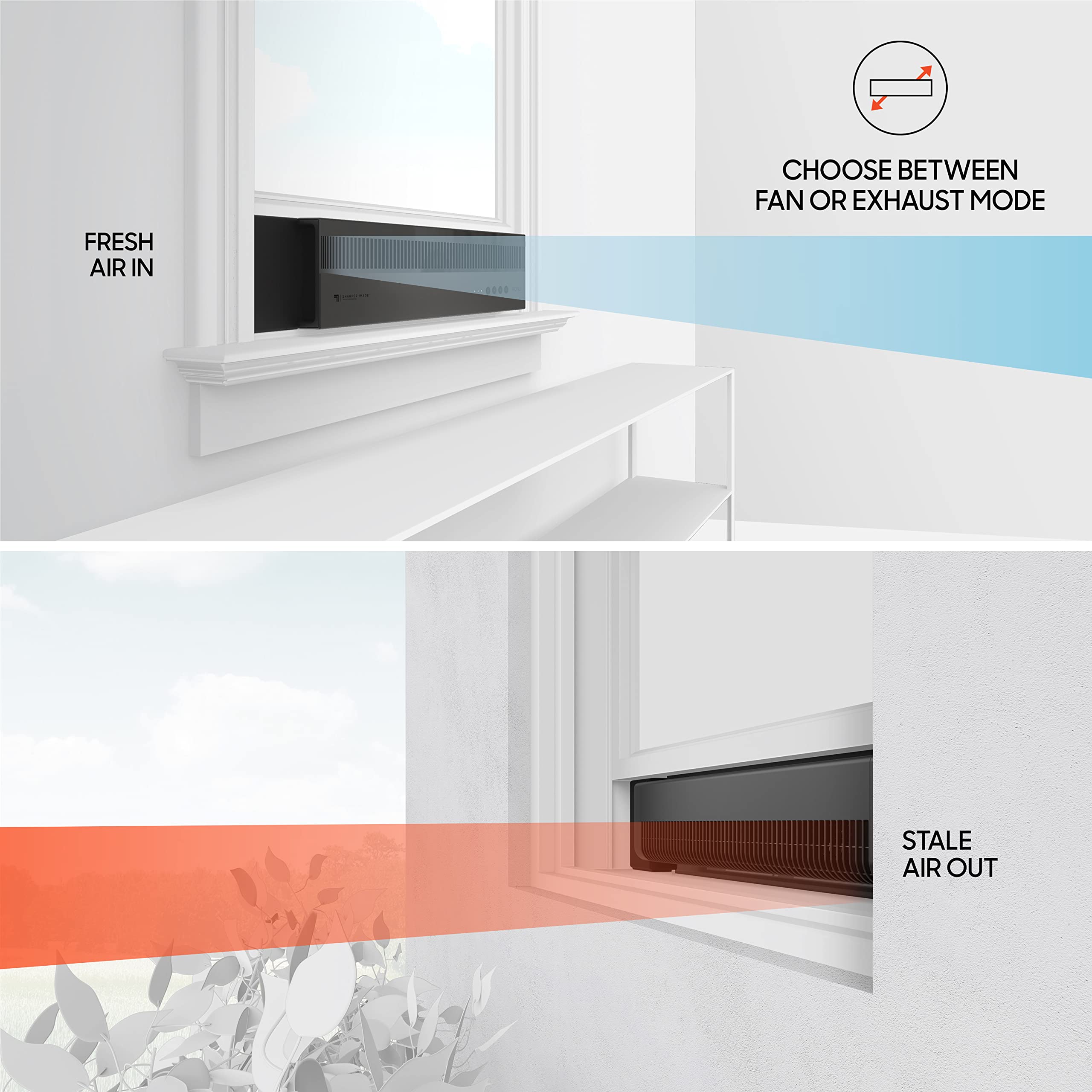 Sharper Image Profile Window Fan With 3 Speeds, Reversible Exhaust Mode, Weather Resistant, Black