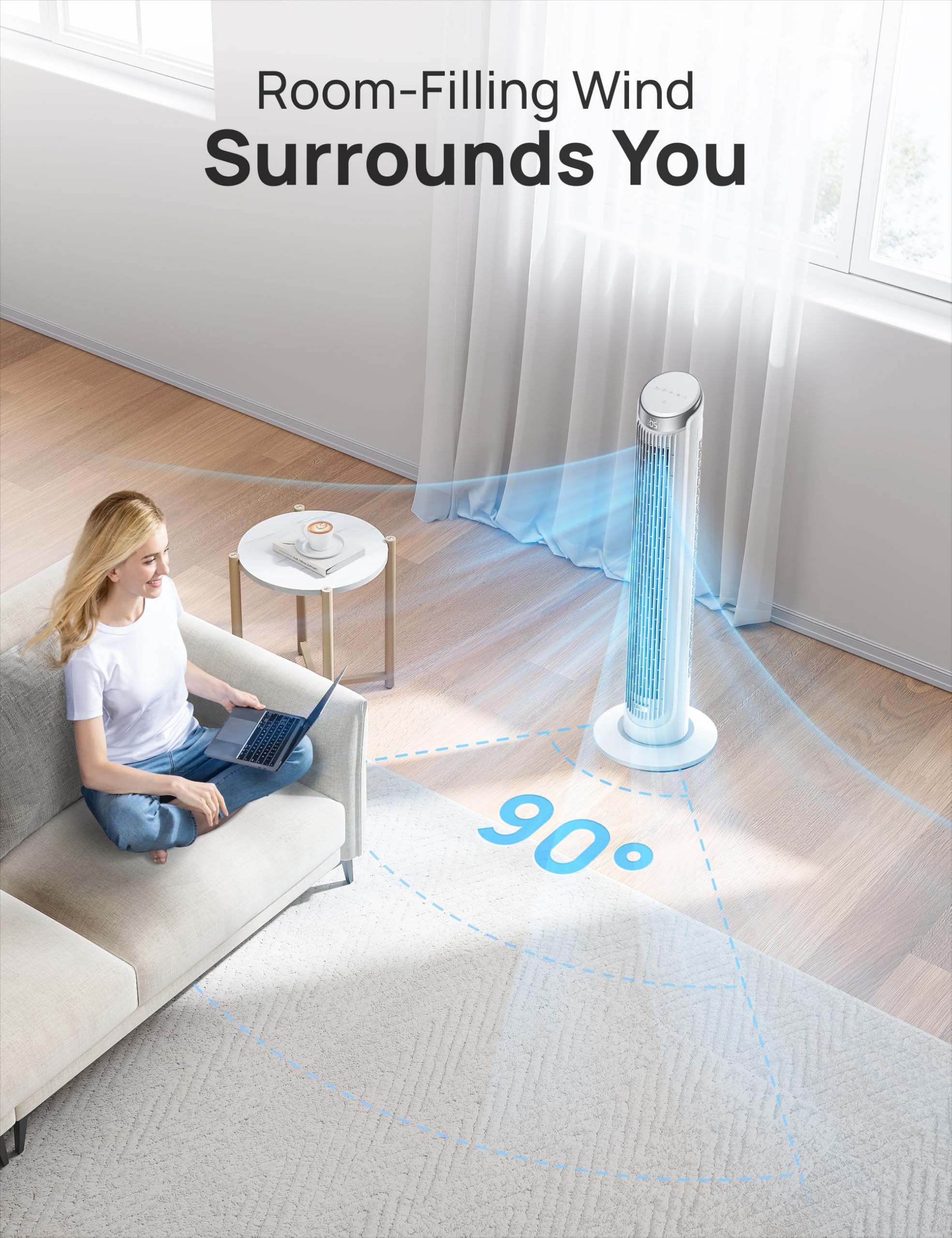 Dreo Tower Fans For Bedroom, 90?Oscillating Fans For Indoors,5 Speeds 4 Modes Max 26Ft/S, 12H Timer, Led Display With Touch, Rem