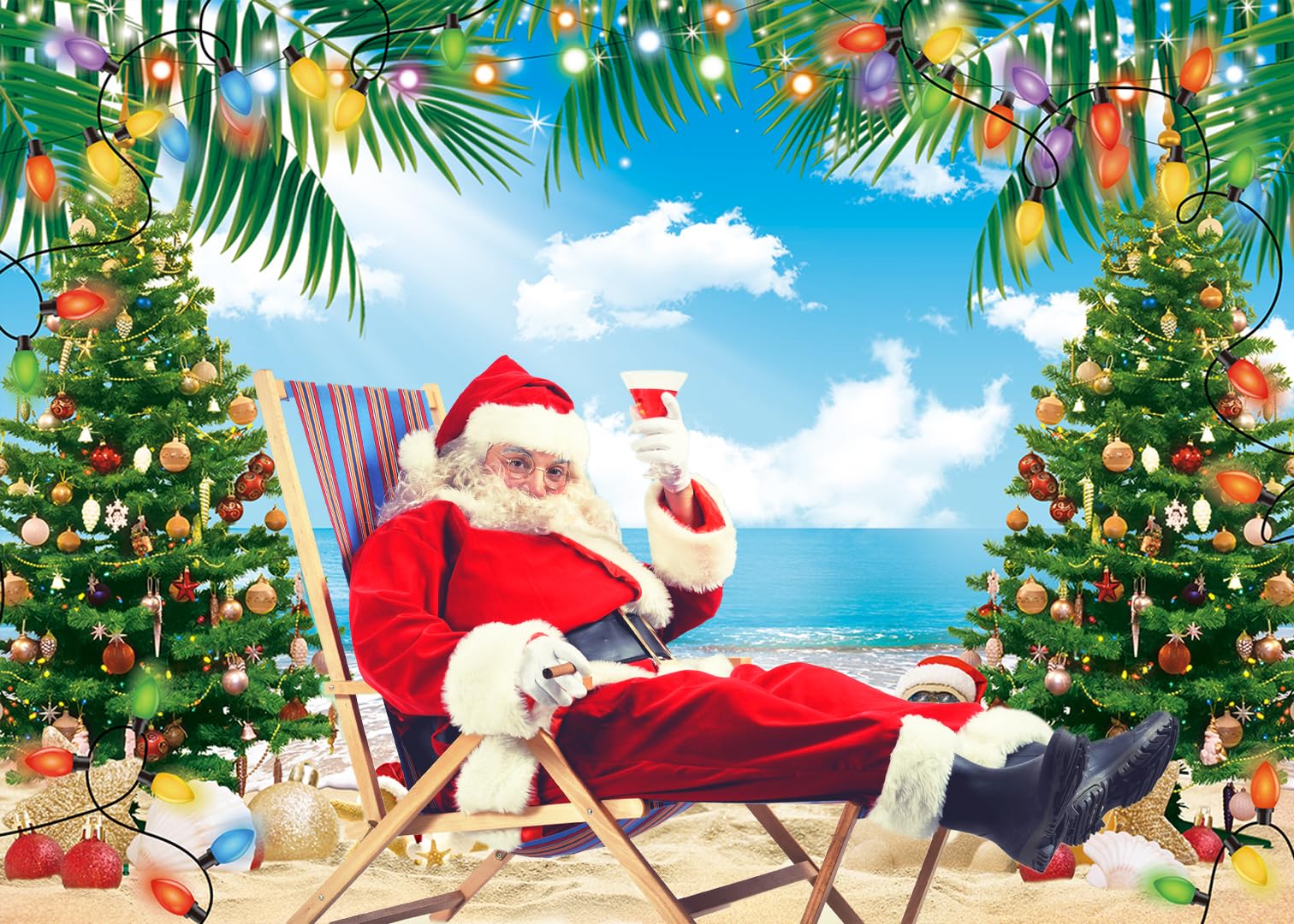 July Christmas Backdrop 10X8Ft Summer Beach Christmas Tree Decoration Photography Background Tropical Hawaiian Party Supplies Ph