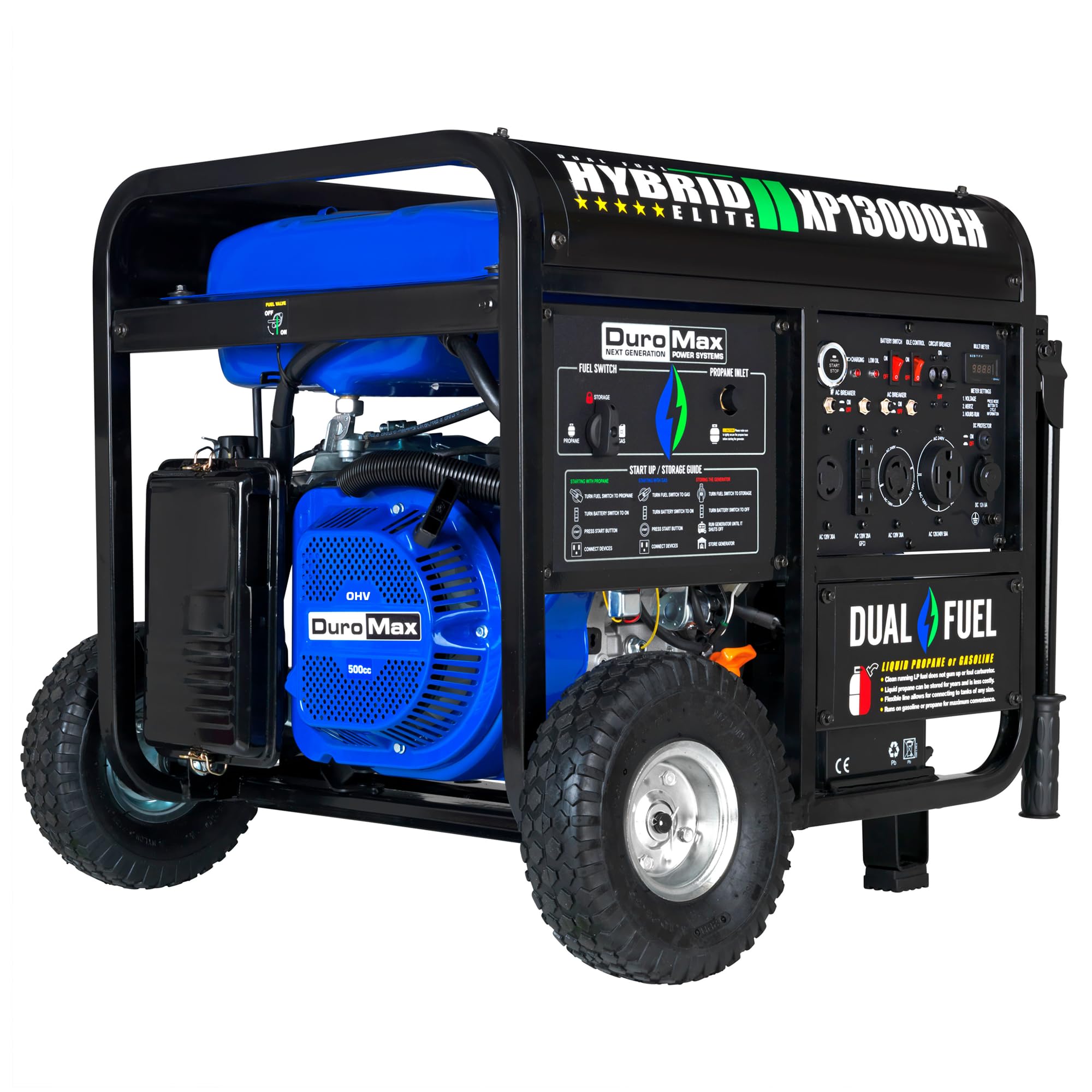 Duromax Xp13000Eh Dual Fuel Portable Generator 13000 Watt Gas Or Propane Powered Electric Start Home Back Up, Blue/Gray