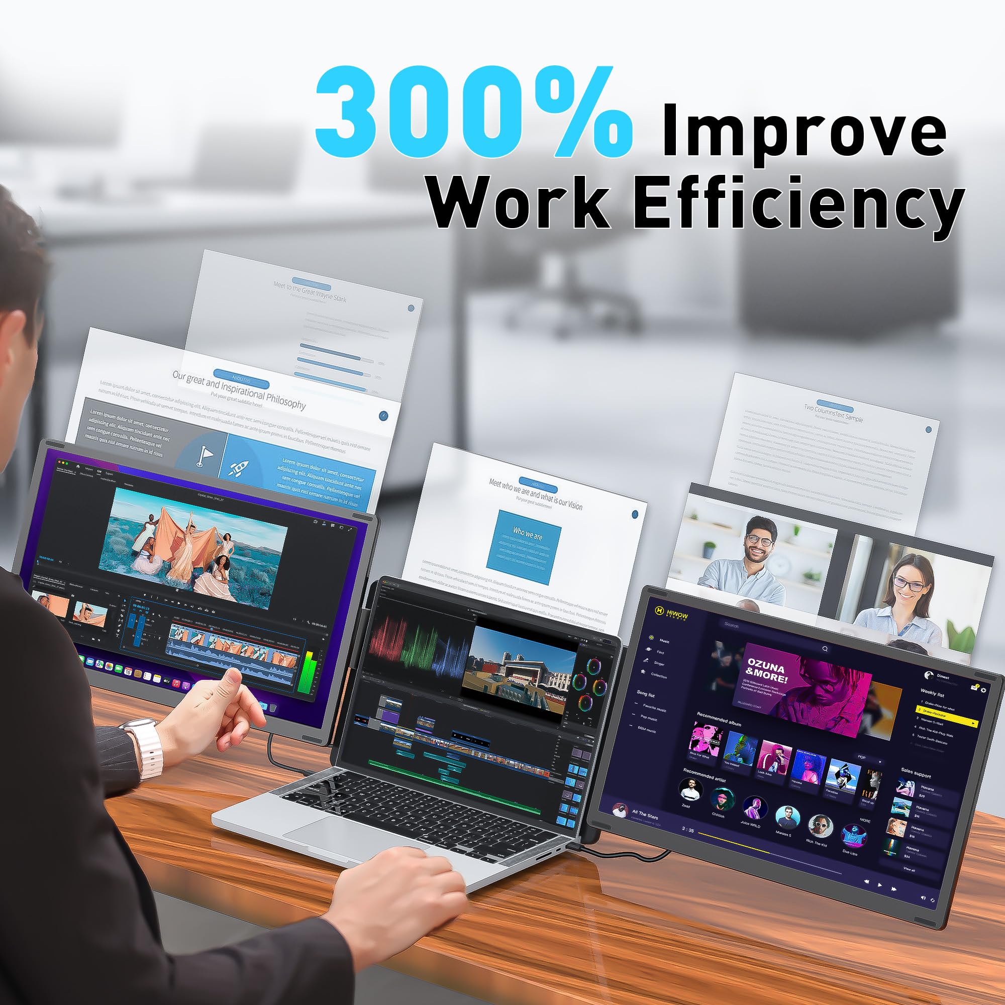 Maxfree Laptop Screen Extender,15.6'' Fhd 1080P Triple Screen Laptop Monitor Extender,Plug & Play,Detachable Screen Triple Monit