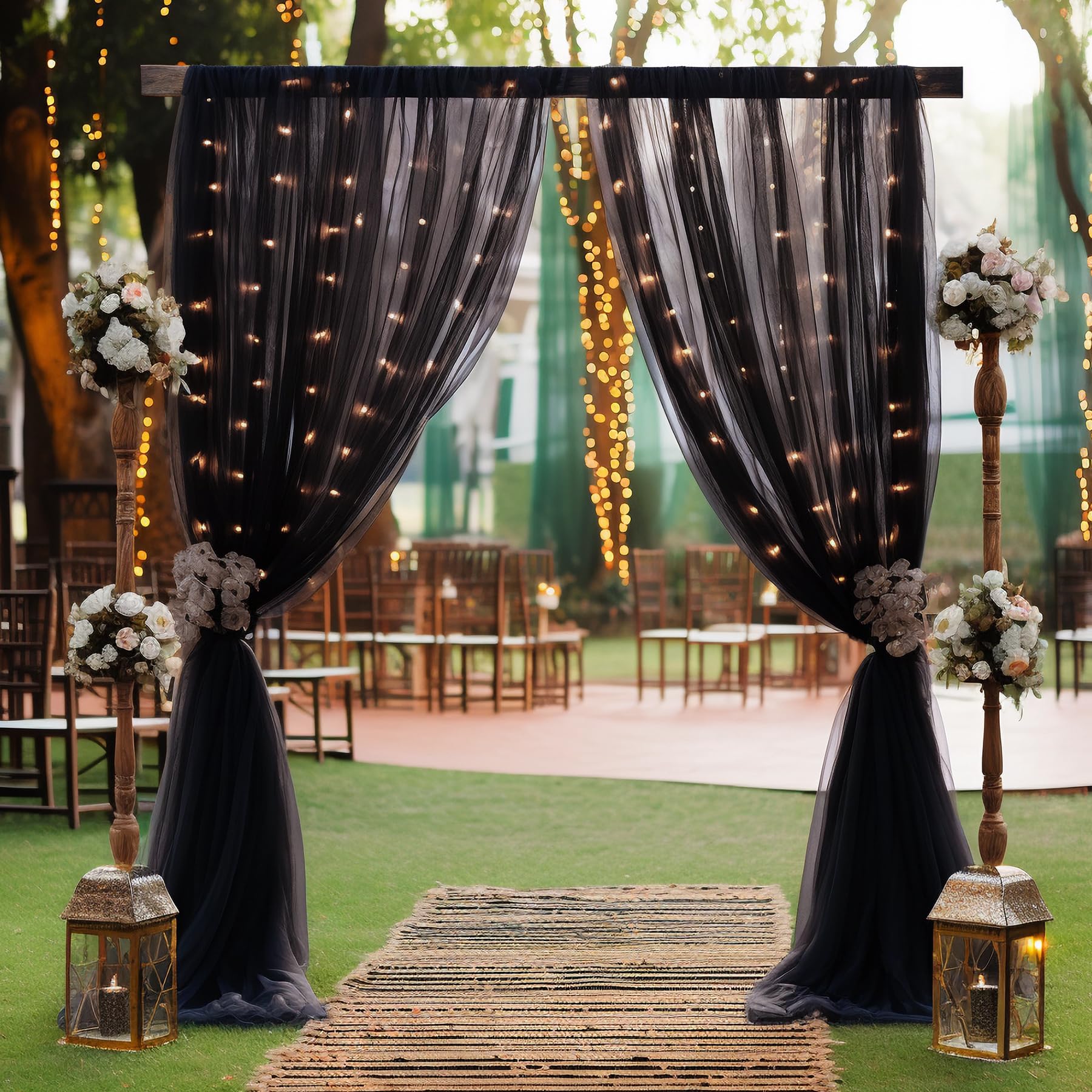 10  10Ft Black Tulle Backdrop Curtain With Lights String For Parites, Sheer Curtain Backdrop Drapes For Wedding Party Home Decor