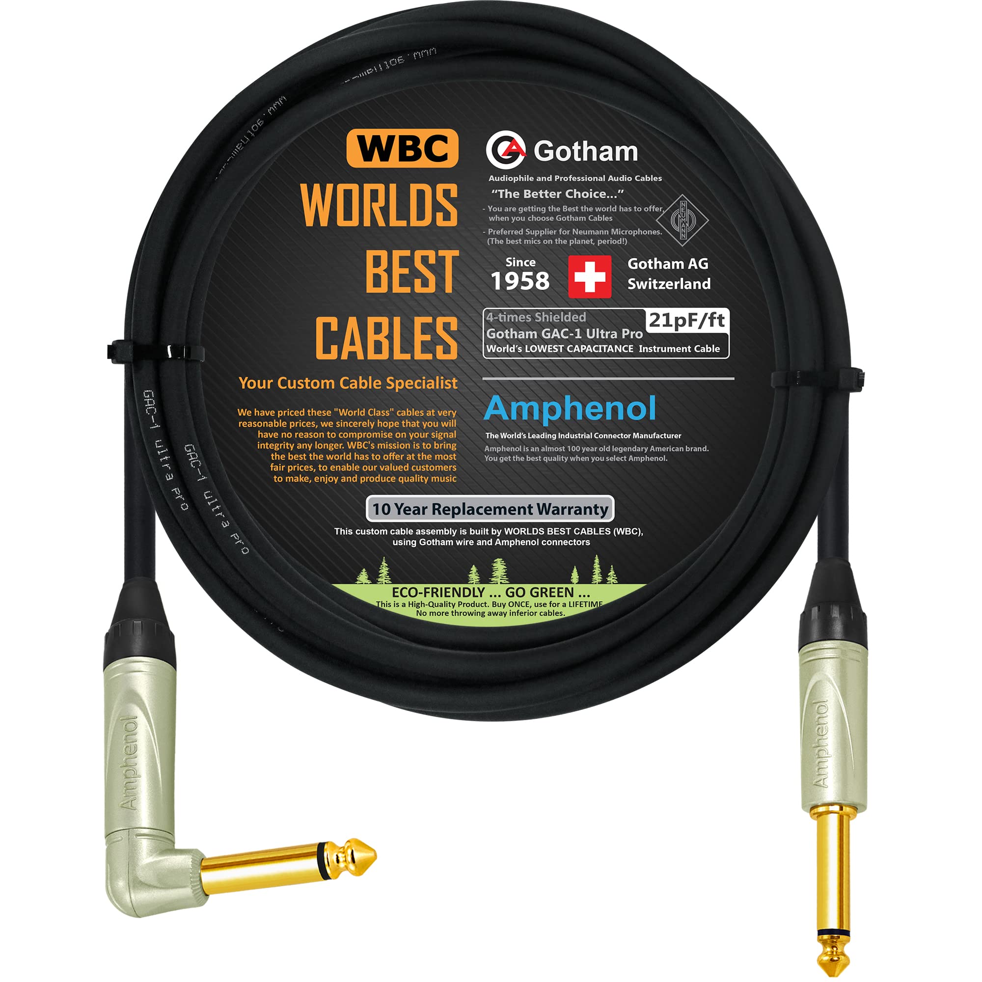 12 Foot   Gotham Gac 1 Ultra Pro (Black)   Premium, Low Capacitance (21 Pf/F) Guitar Bass Instrument Cable   Amphenol Qm2R Au &