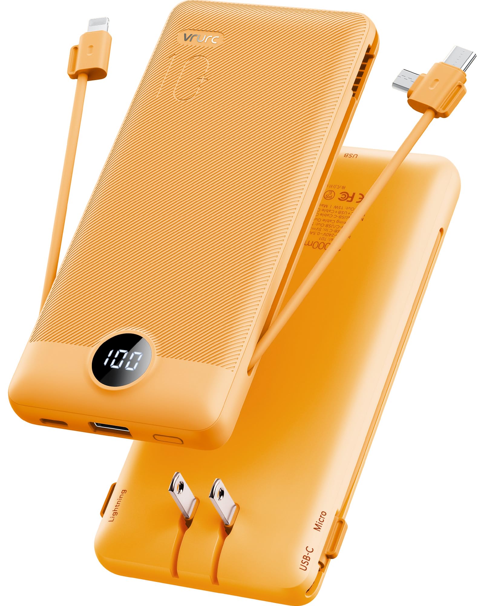 VRURC Portable Charger Built-in Cables and AC Wall Plug, USB C Power Bank 10000mAh, Travel Battery Phone Charger Compact Lightwe