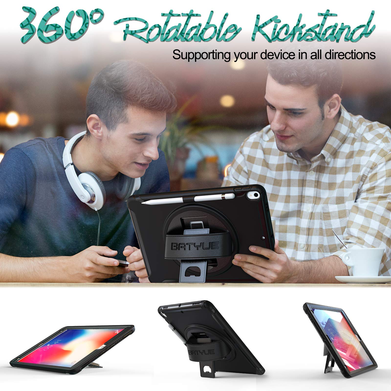 Batyue Ipad Air 3Rd Gen Case 2019/2017 Ipad Pro 10.5 Case With Pencil Holder, 360 Swivel Stand/Hand Strap, Shockproof Drop Prote