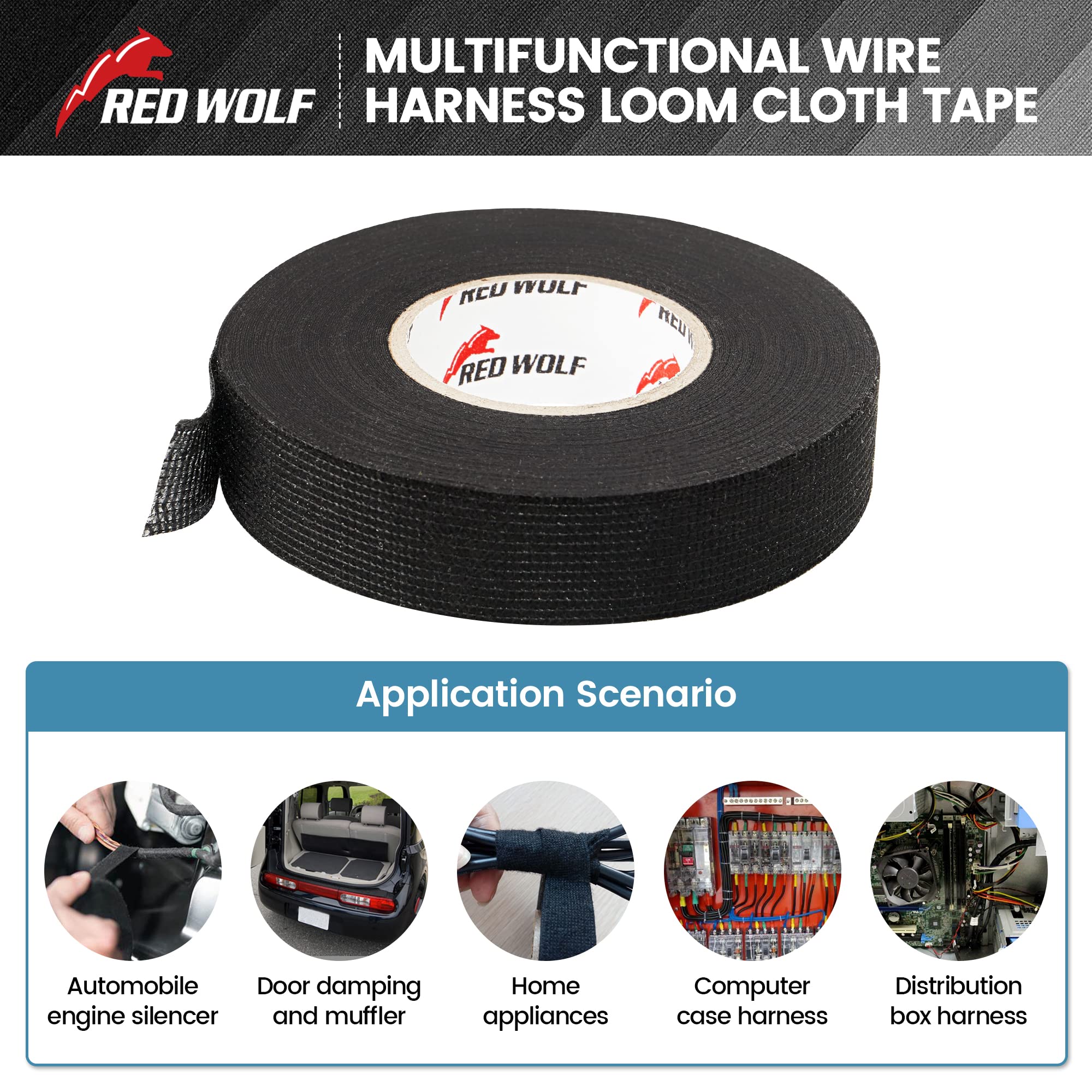 Red Wolf Wiring Harness Cloth Tape High Temp Self Adhesive Fabric Tape For Automobile Electrical Harness Wrap Noise Damping Protection Insulation Cable Fixed Black, 5 Rolls 3/5 Inch X 50Ft
