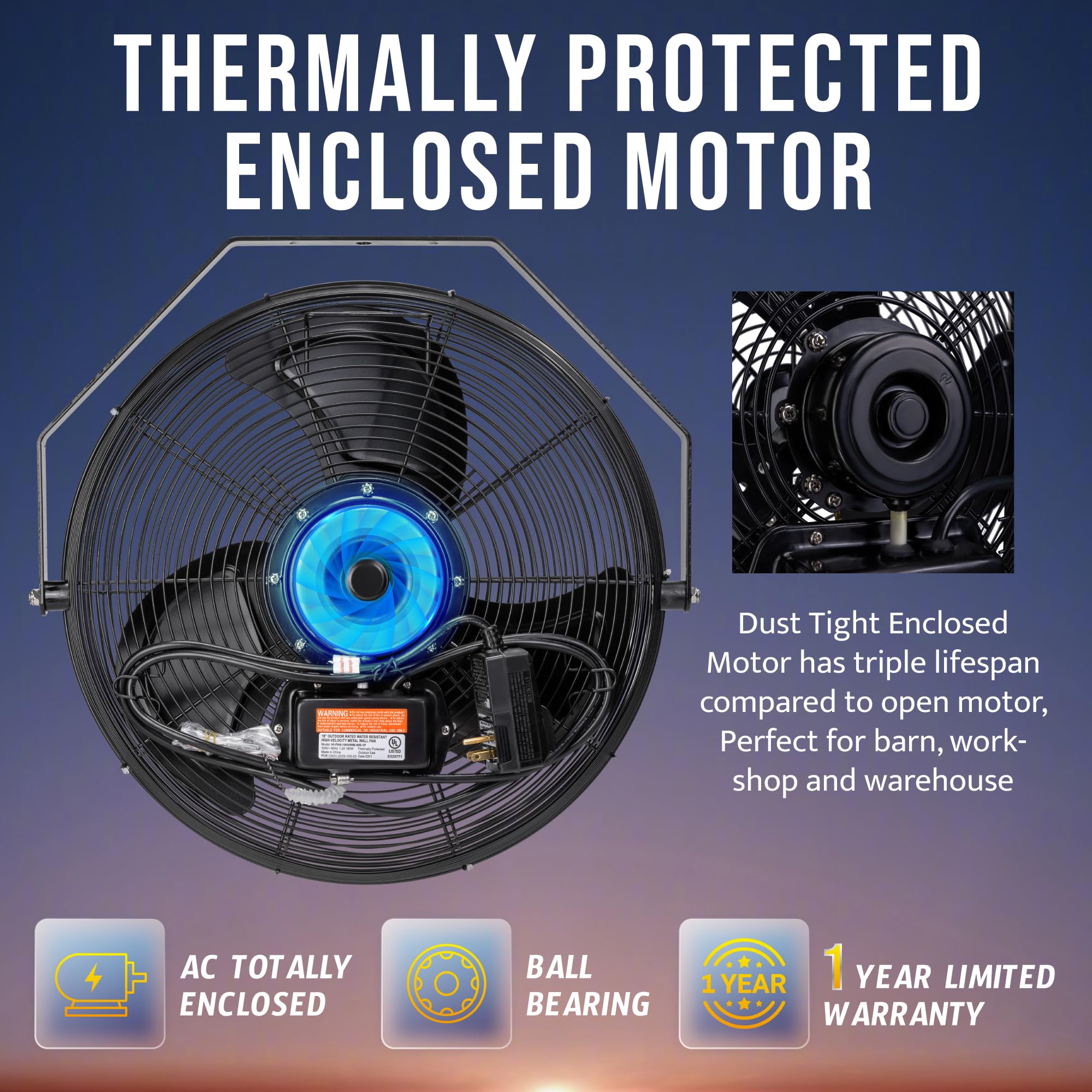 Tornado 18 Outdoor Ipx4 Rated Water-Resistant Metal Industrial Wall Mount Fan, 3 Speed High Velocity Wall Fan For Commercial, In