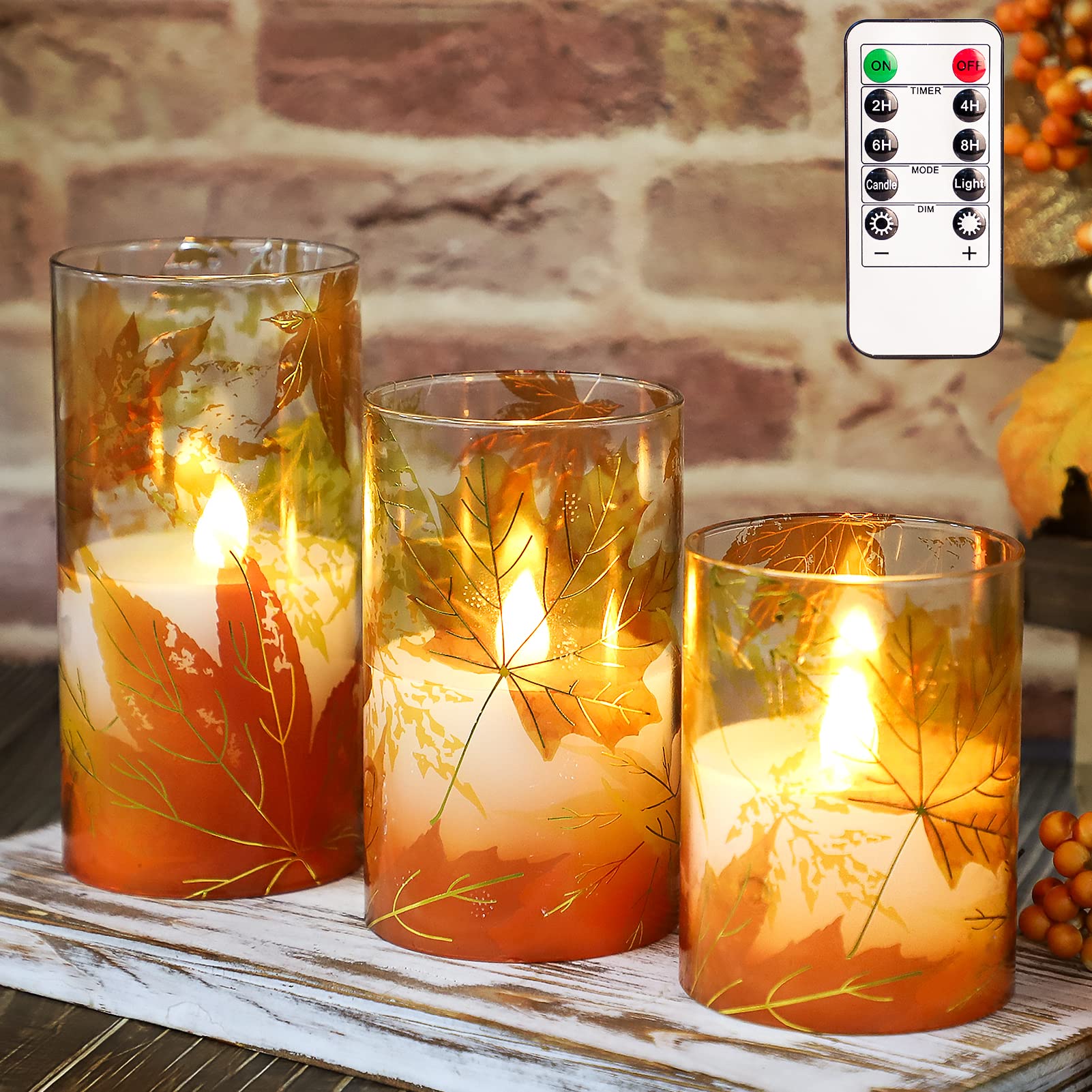 FLAVCHARM Fall Decor Flameless Candles, Battery Operated with Remote, Maple Leave Glass LED Flickering Candles Realistic Pillar 