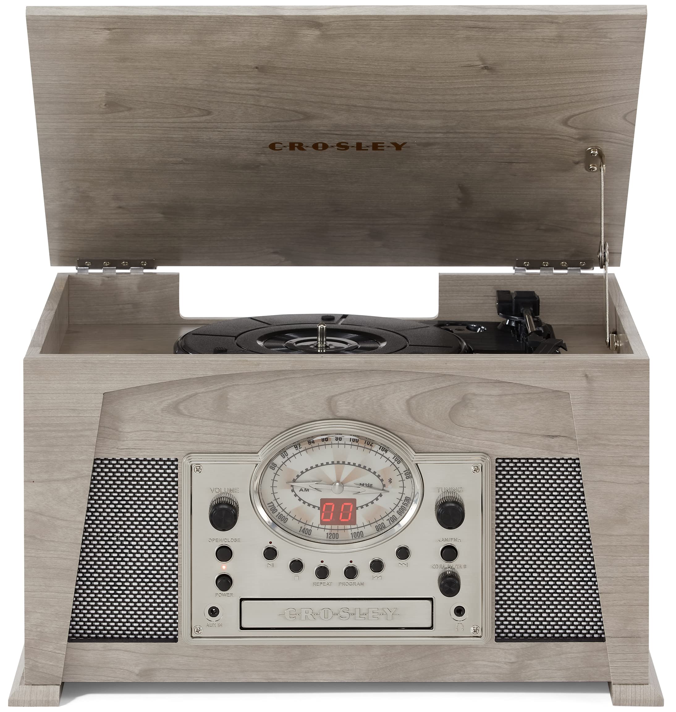 Crosley CR7015A-GY Medley 3-Speed Vinyl Record Player Turntable with Bluetooth, AM/FM Radio, CD Player, Cassette Deck, and Aux-i