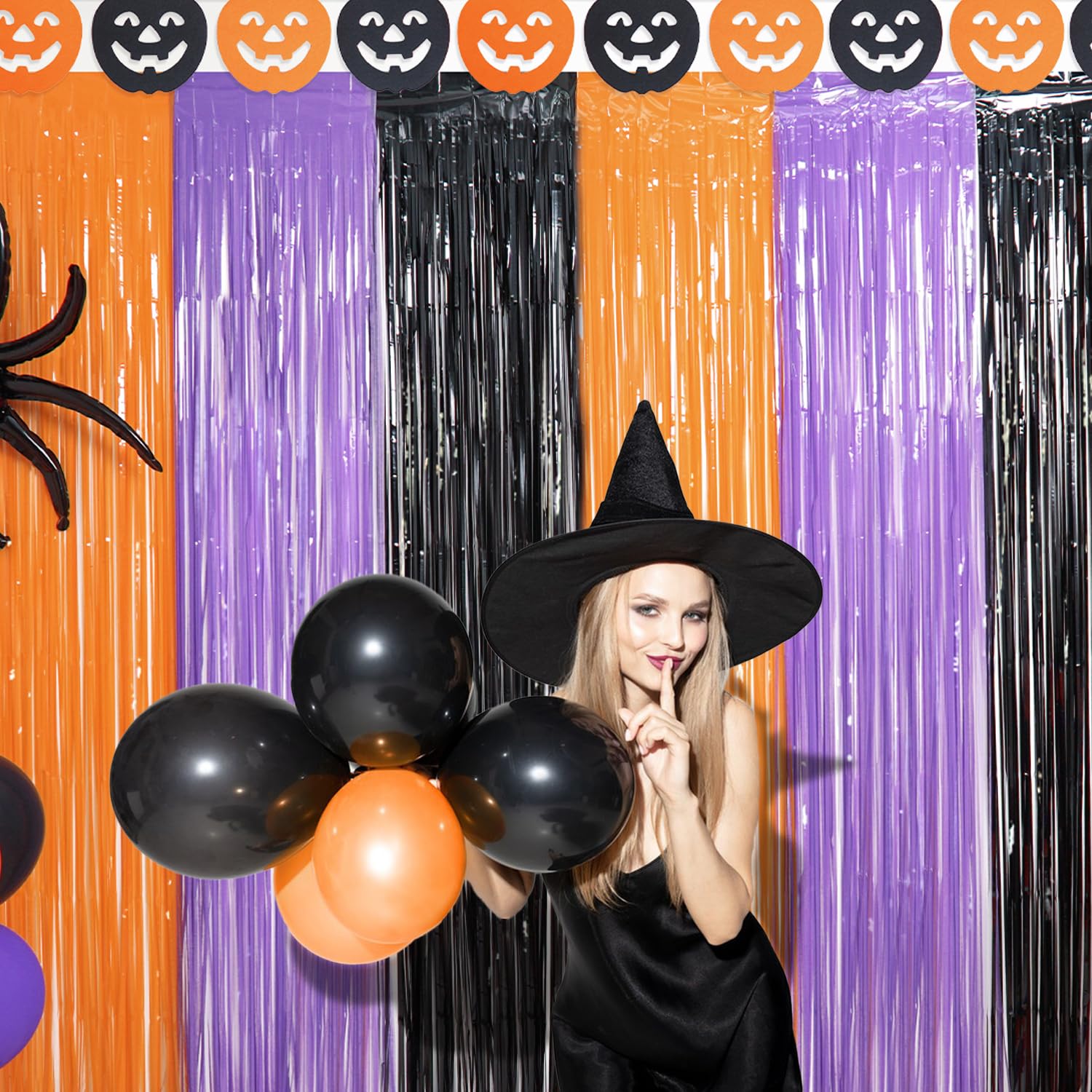 Halloween Party Decoration, 2 Pack Halloween Foil Fringe Curtains, Orange Purple Black Metallic Tinsel Foil Fringe Curtains Phot