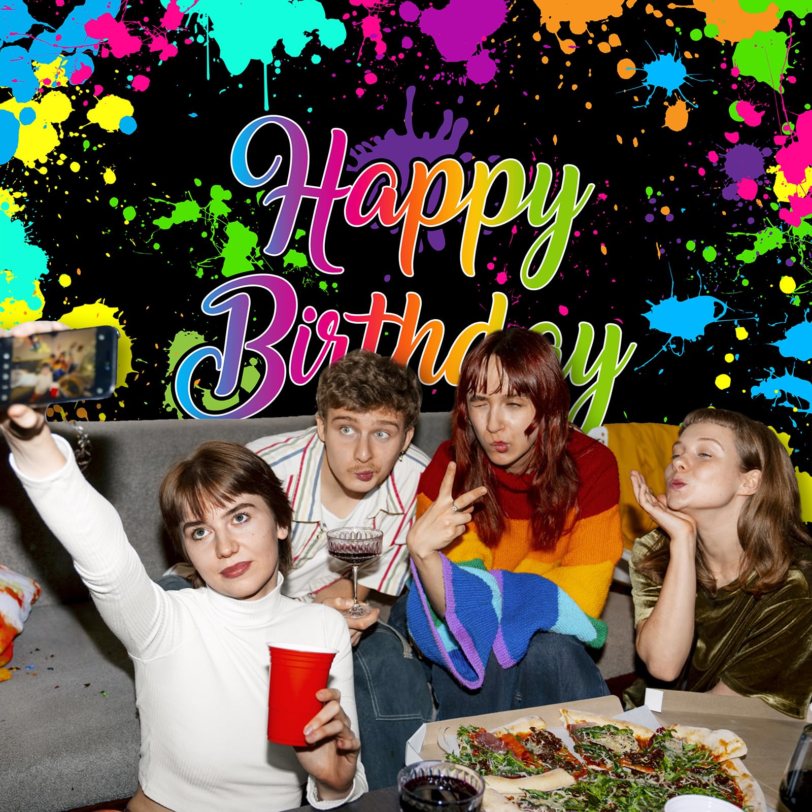 Avezano Glow Neon Birthday Backdrops Glow In The Dark Happy Birthday Party Background Decorations Colorful Graffiti Splash Paint
