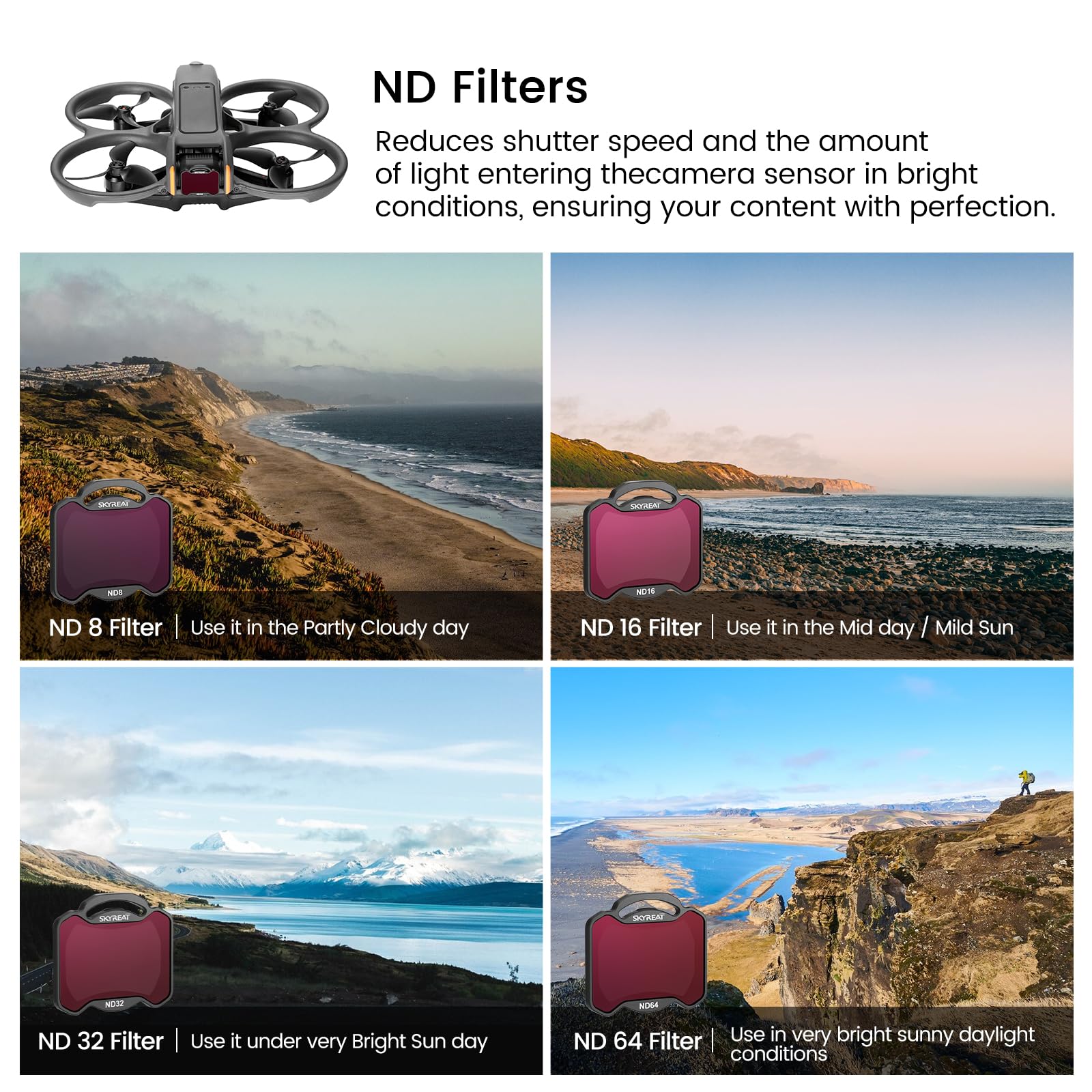 Skyreat ND Filters Set for DJI Avata 2 Drone 5-Pack (UV ND8 ND16 ND32 ND64)