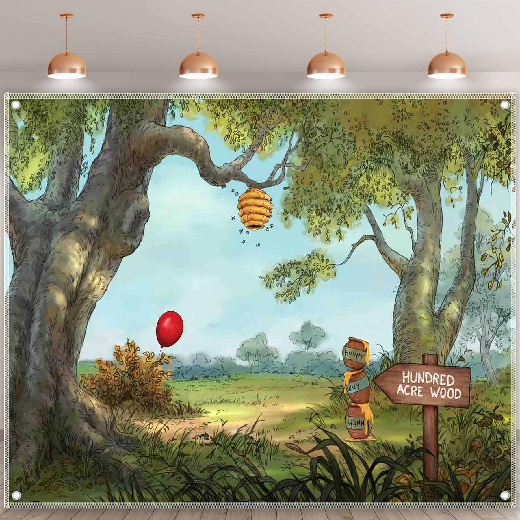 Yriujul 10X8Ft Fabric Hunny Cartoon Spring Forest Photography Backdrop Hundred Sweet Honey Bear Background Bee Acre Red Balloon