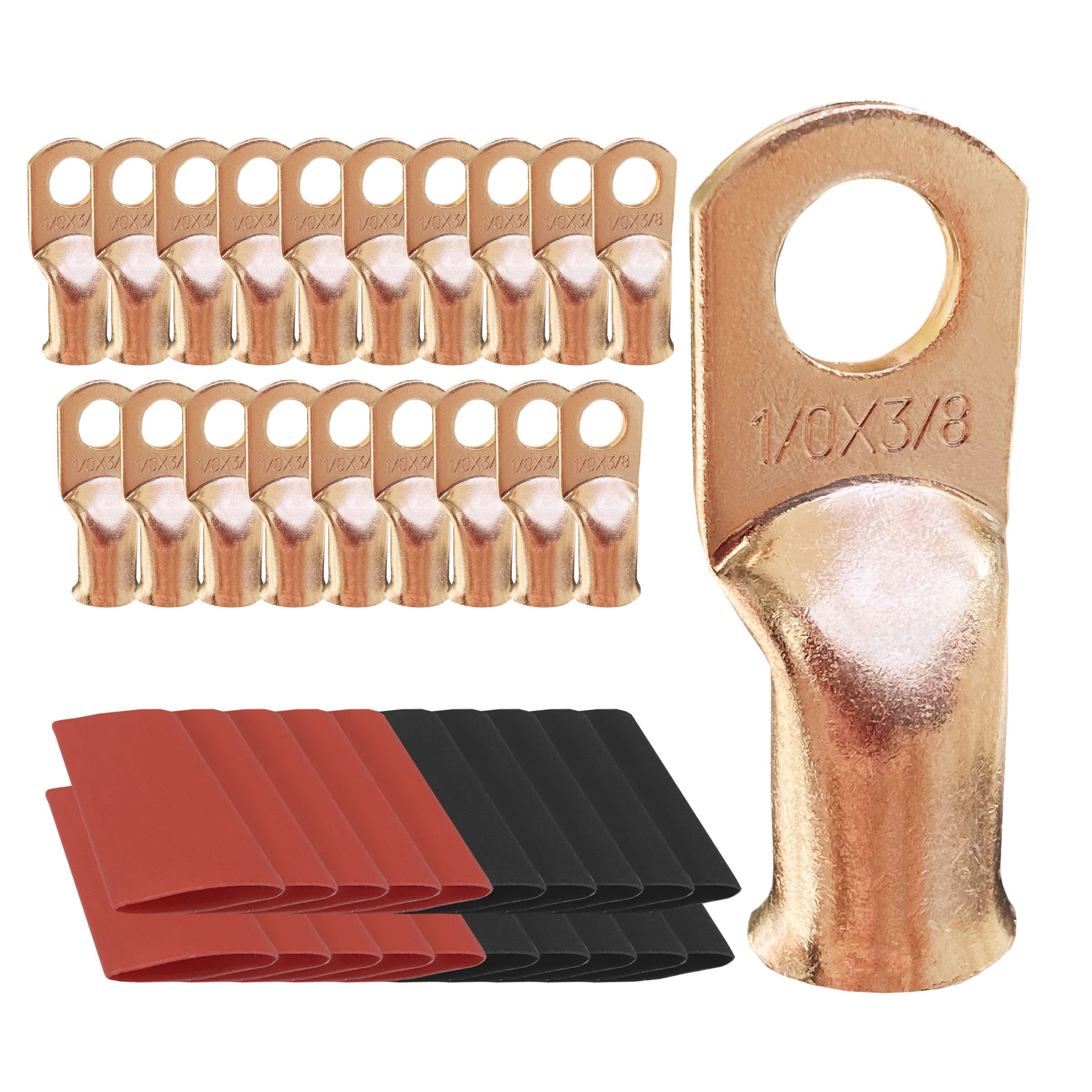 20Pcs 1/0 Awg 3/8 Ring Battery Lugs, Copper Lugs, Battery Cable Ends, Tubular Ring Terminals, Crimp Wire Ring Lugs, Battery Term
